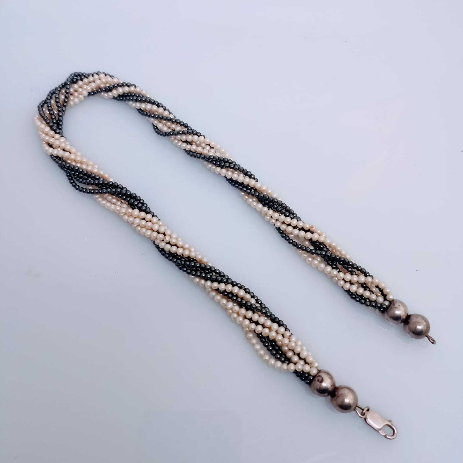 Vintage Pearl and Gray Hematite 8 Stranded Necklace with Sterling Silver Clasp