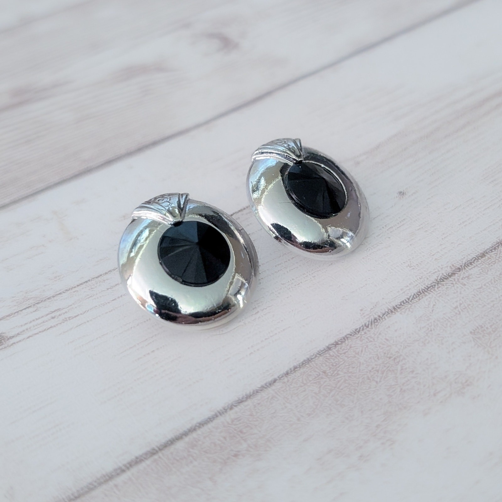 Vintage Stud Earrings Silver Tone with Faceted Black Gem