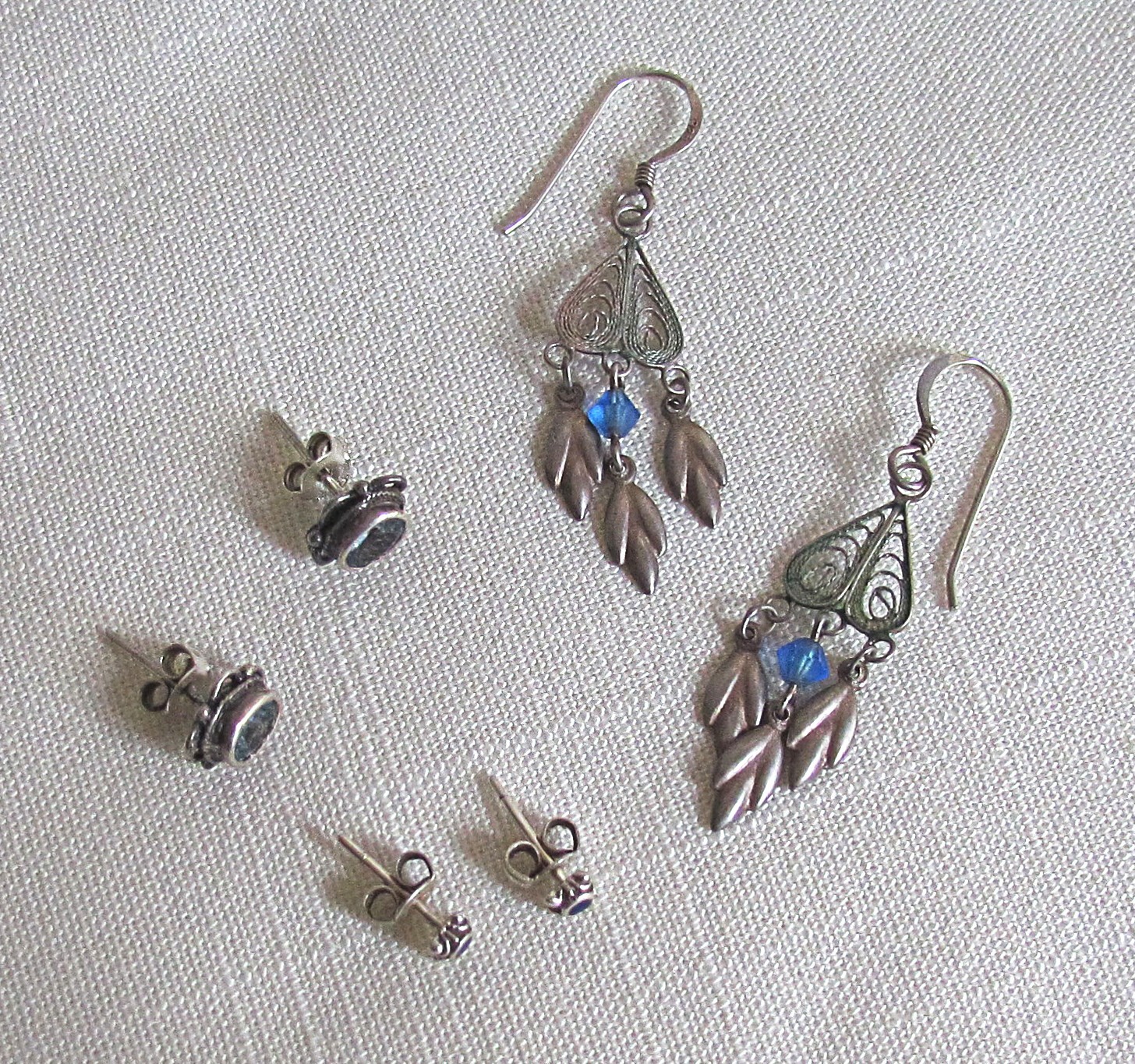 3 Pair Vtg Blue Stone Bead & Sterling Silver Stud Post & Dangle Drop Earrings
