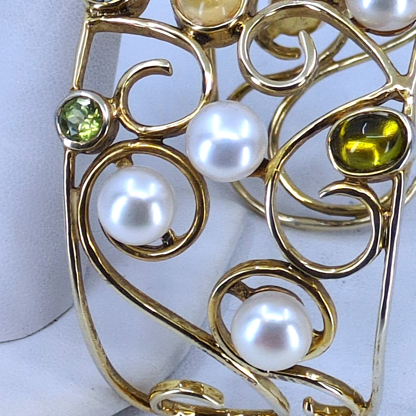 Gold Wash 925 Sterling Silver Multi-Gemstone & Mabe Pearl Filigree Cuff Bracelet
