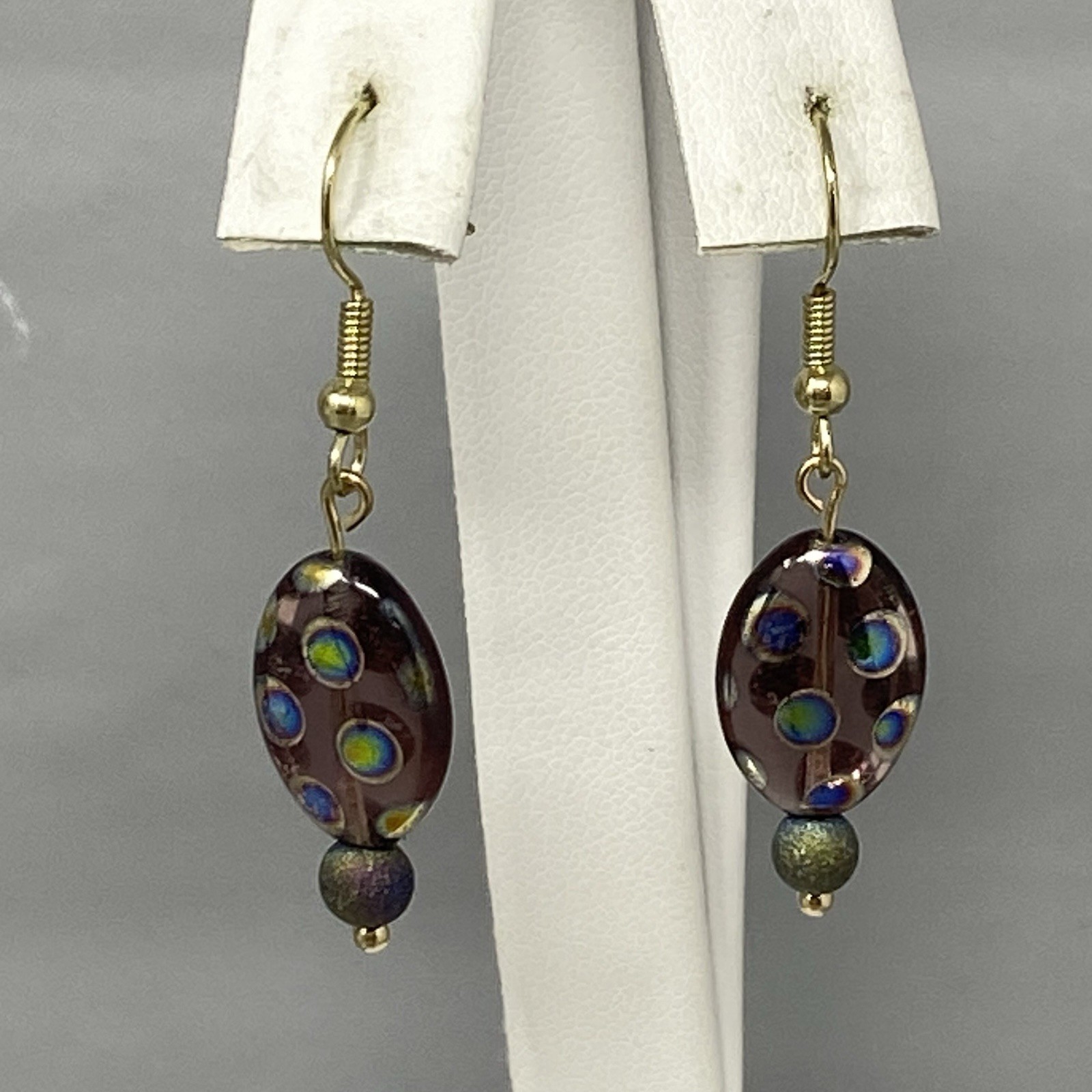 Purple Glass Bead Earrings Dangle Drop Pierced Peacock Iridescent Spotted Hook