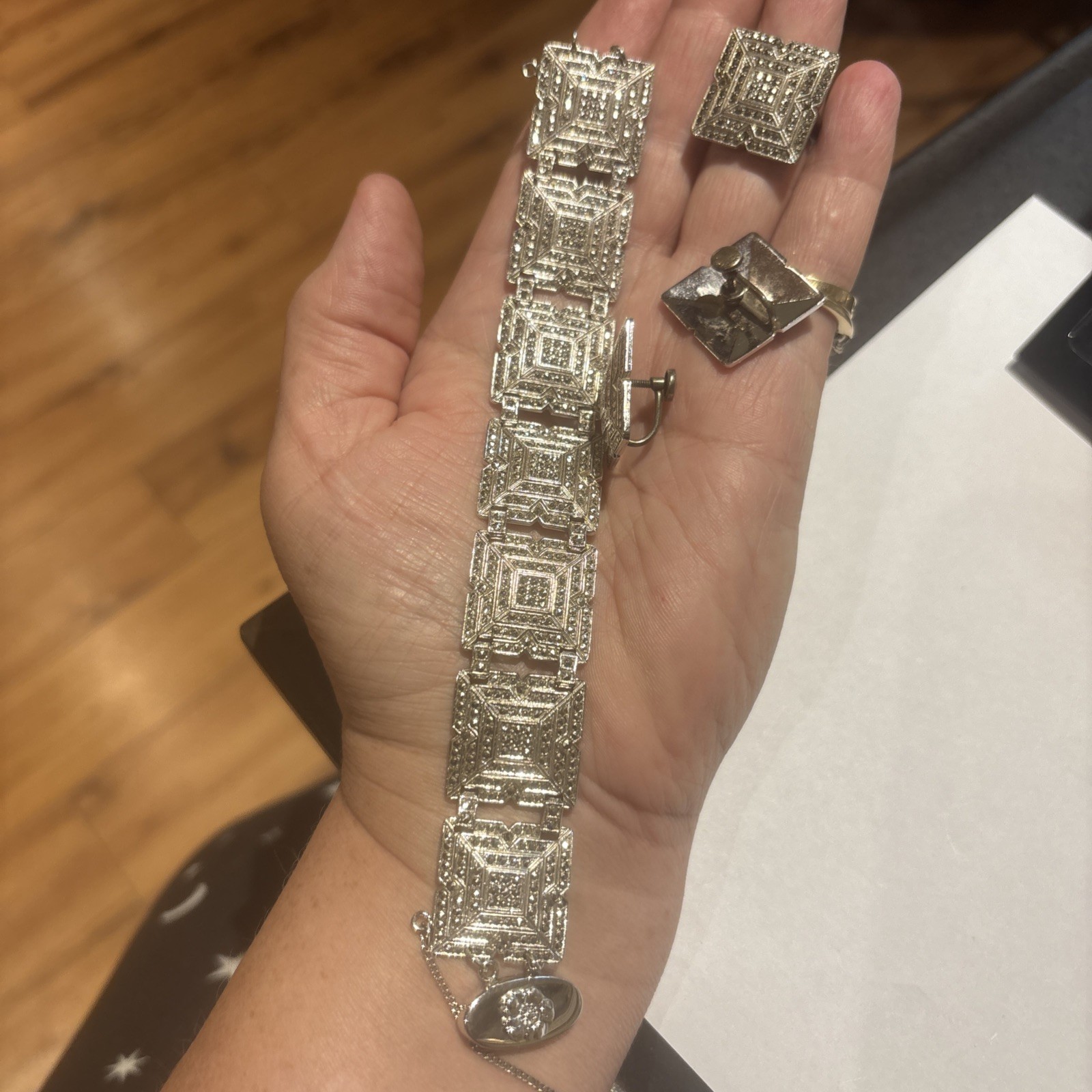 Vintage Art Deco Sterling Marcasite Bracelet & Ring & Earrings Set 64 Grams
