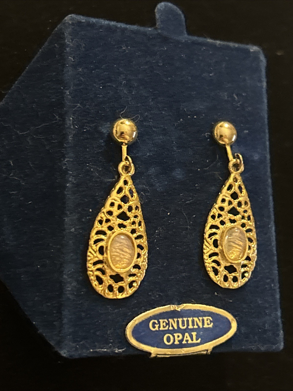 NEW Vintage OPAL Gold Tone Gemstone Filigree Earrings Clip on Dangle VTG GENUINE