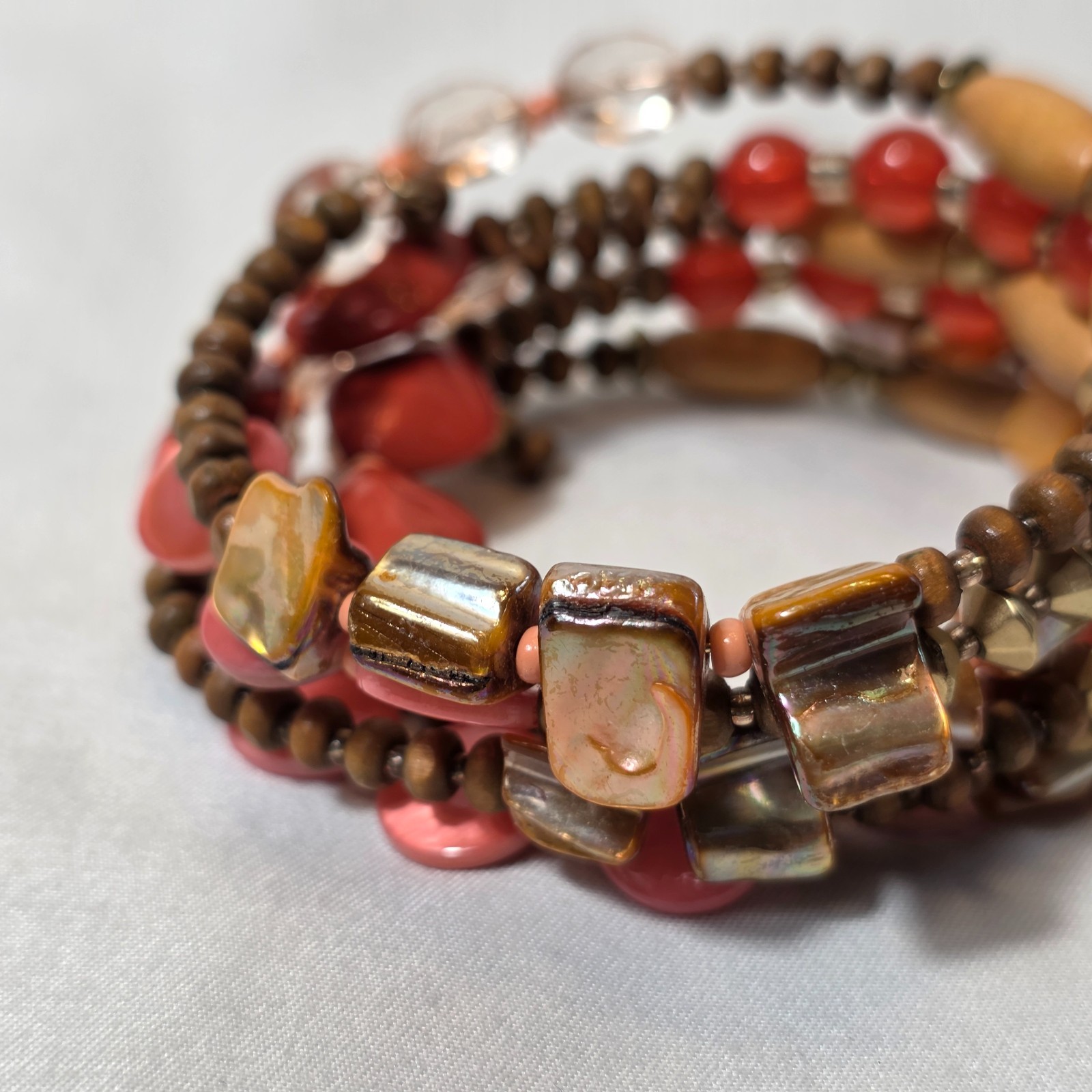 Bohemian-Style Multi-Strand Wrap Bracelet Warm Earthy Tones Wood & Glass Beads