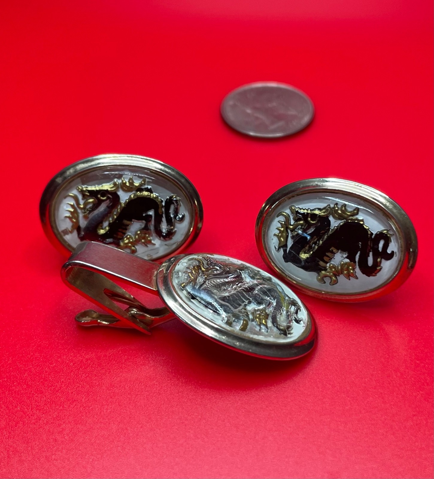 Vintage Dragon Cufflinks Tie Clip Set Reverse Painted Mid Century Intaglio