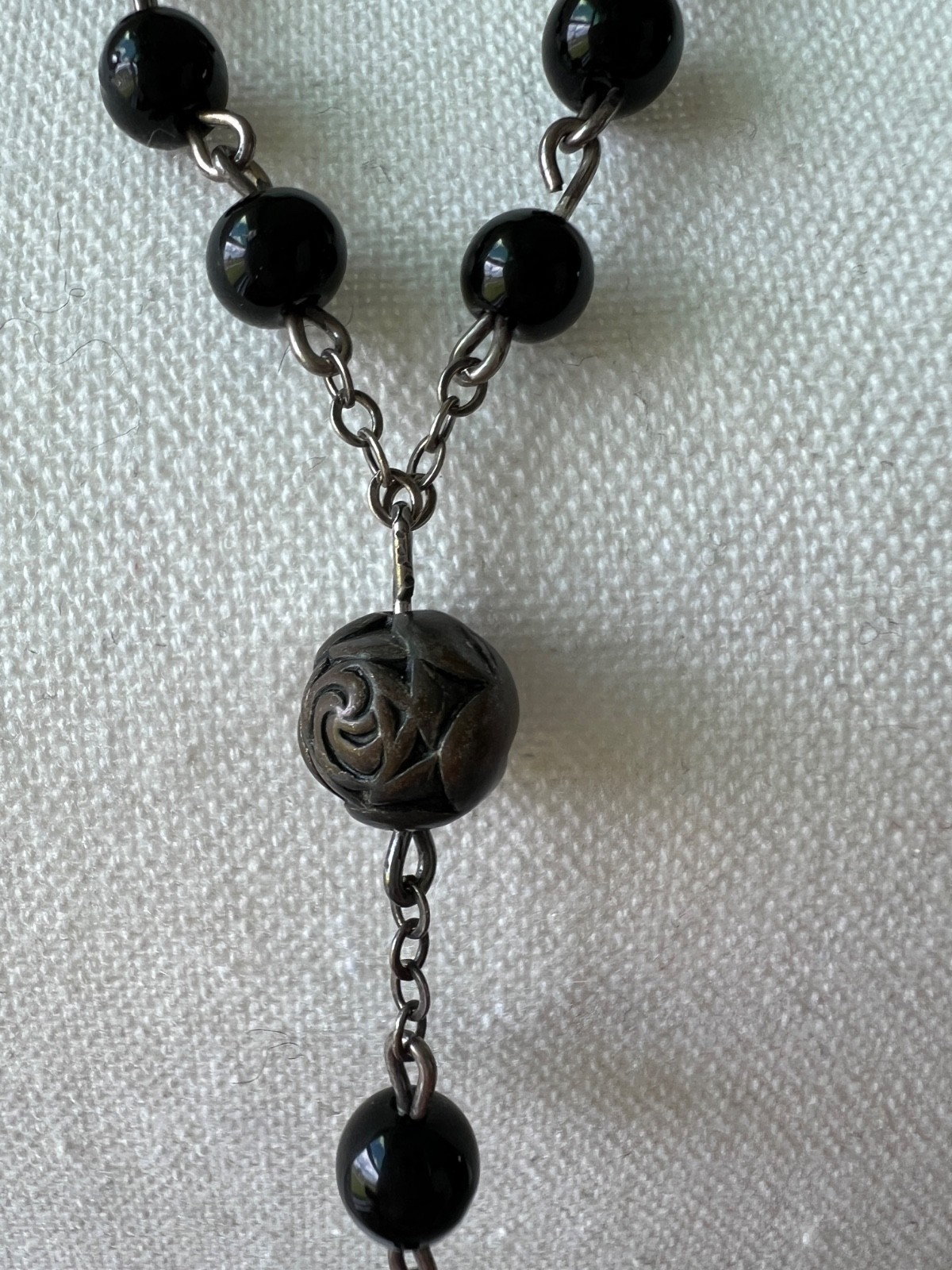 Vintage Black Glass Bead & Silver Tone Rosary 1990s – 20″