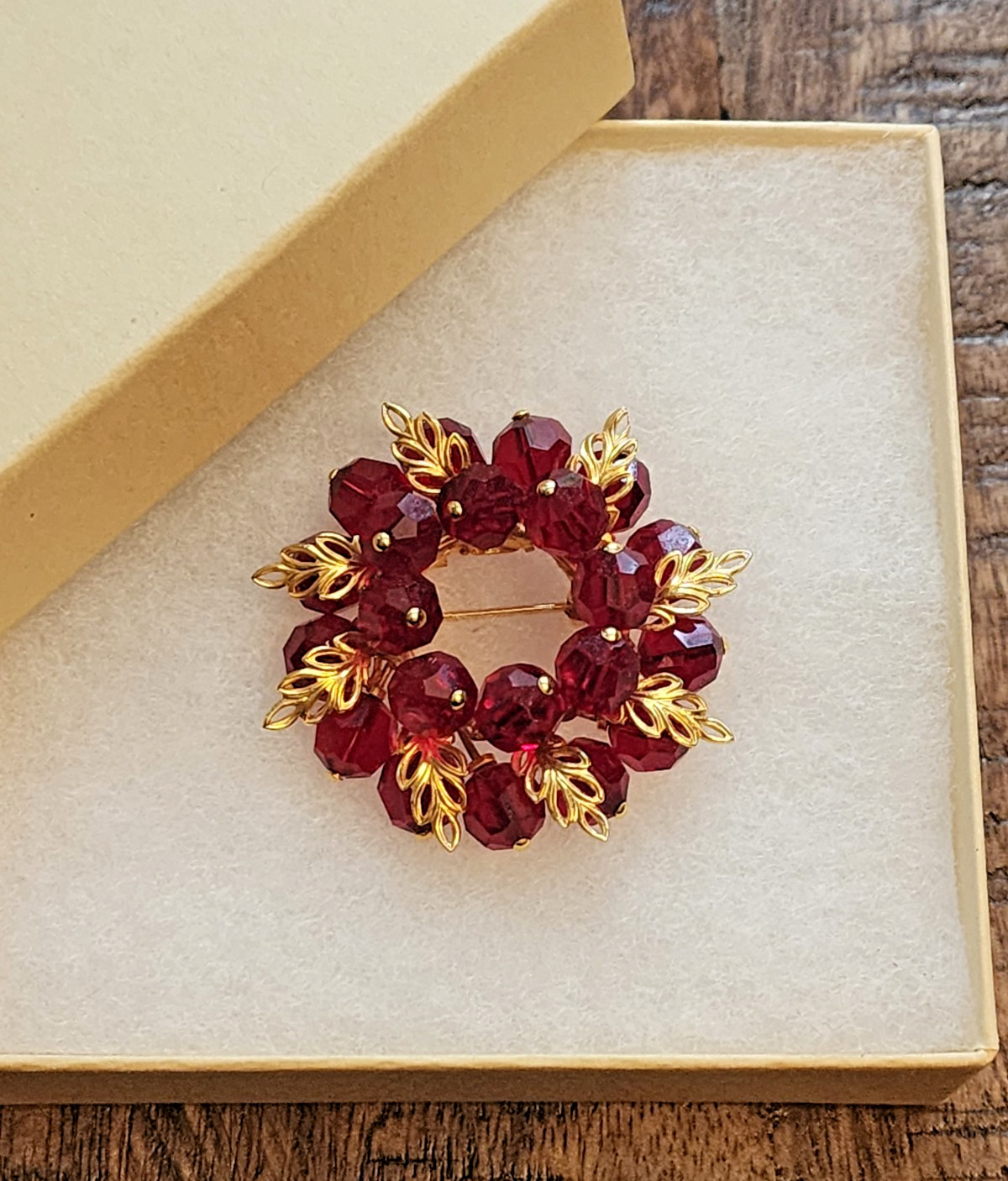 Austria Brooch w/ Red Beads and Gold Tone Filigree Leaf Accents