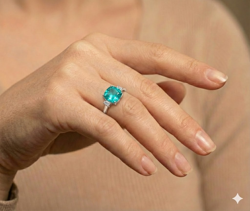 14k White Gold Engagement Ring 4.75CT. Lab-grown Paraiba Tourmaline Cushion Cut