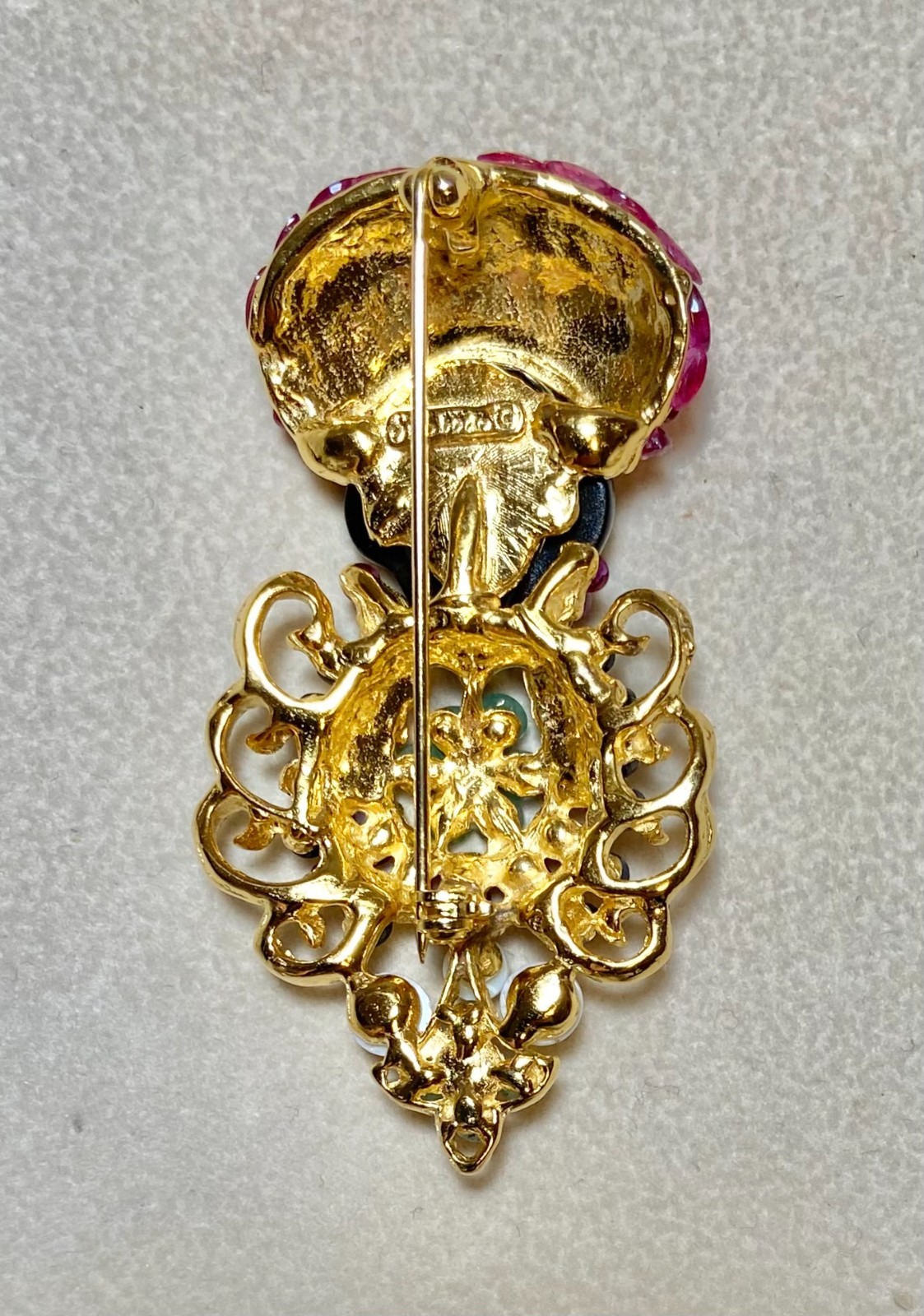AUTHENTIC SWOBODA BLACKAMOOR BROOCH ~ GENUINE RUBY, SAPPHIRE, EMERALD, OPAL!