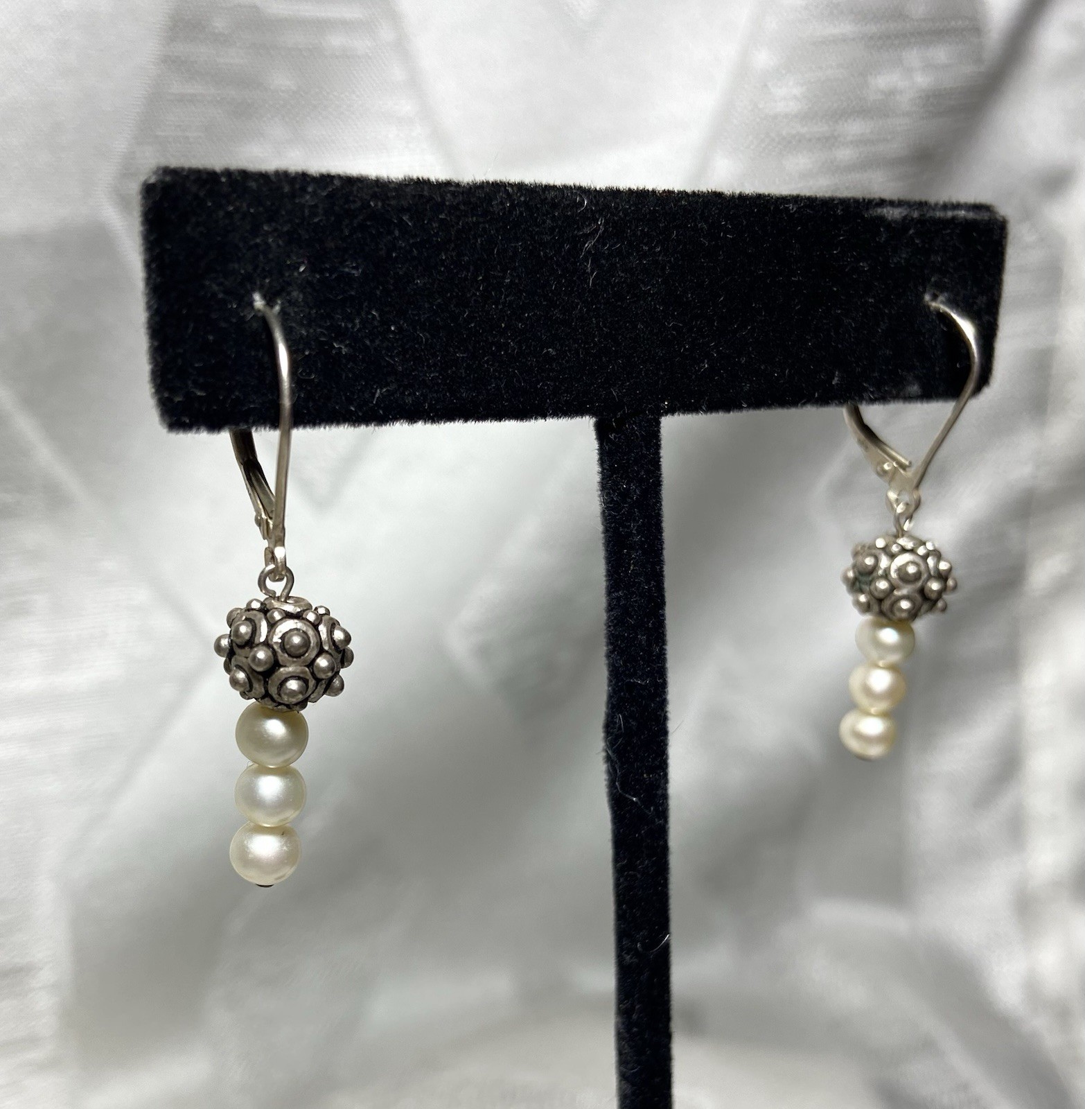 Vintage 925 Sterling Silver Pearl Dangle Earrings Bali Style Leverback 3/4″