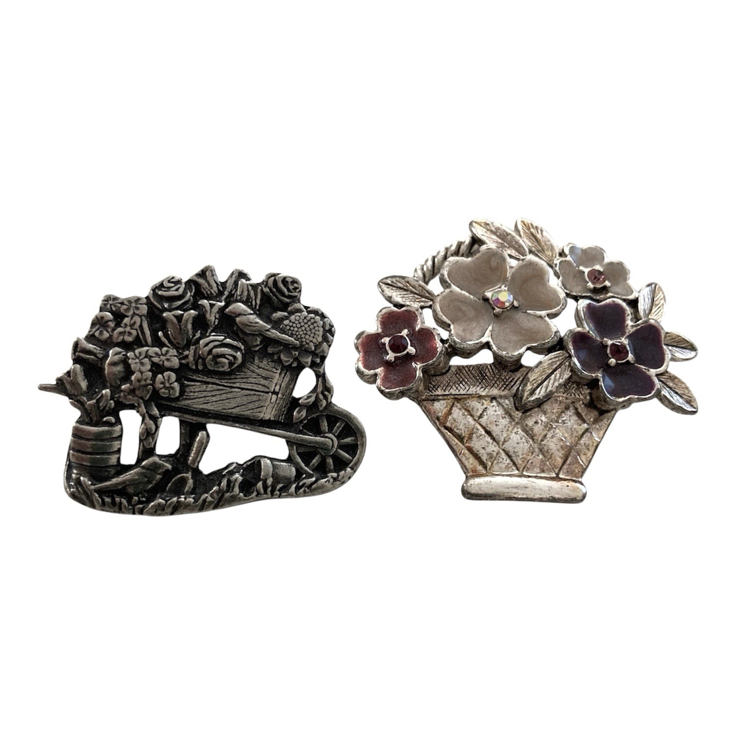 VTG Flower Basket & Wheelbarrow Brooch Lot of 2 Liz Claiborne Birds & Blooms