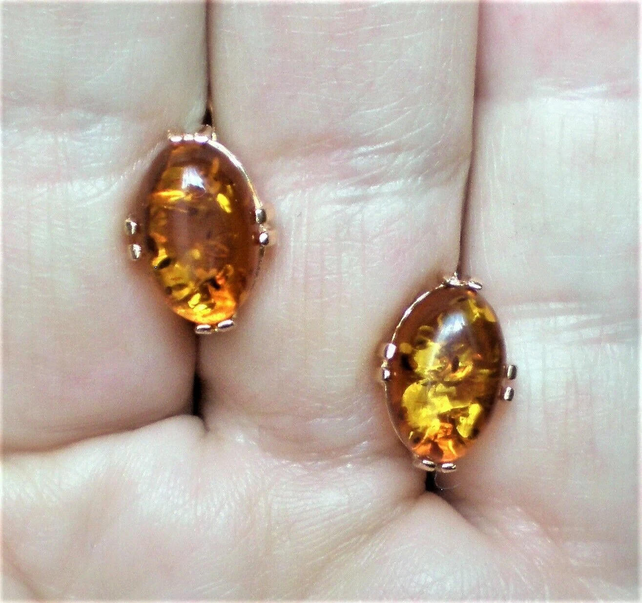 East European Solid 14K 585 Rose Pink Gold Baltic Honey Amber Pierced Earrings