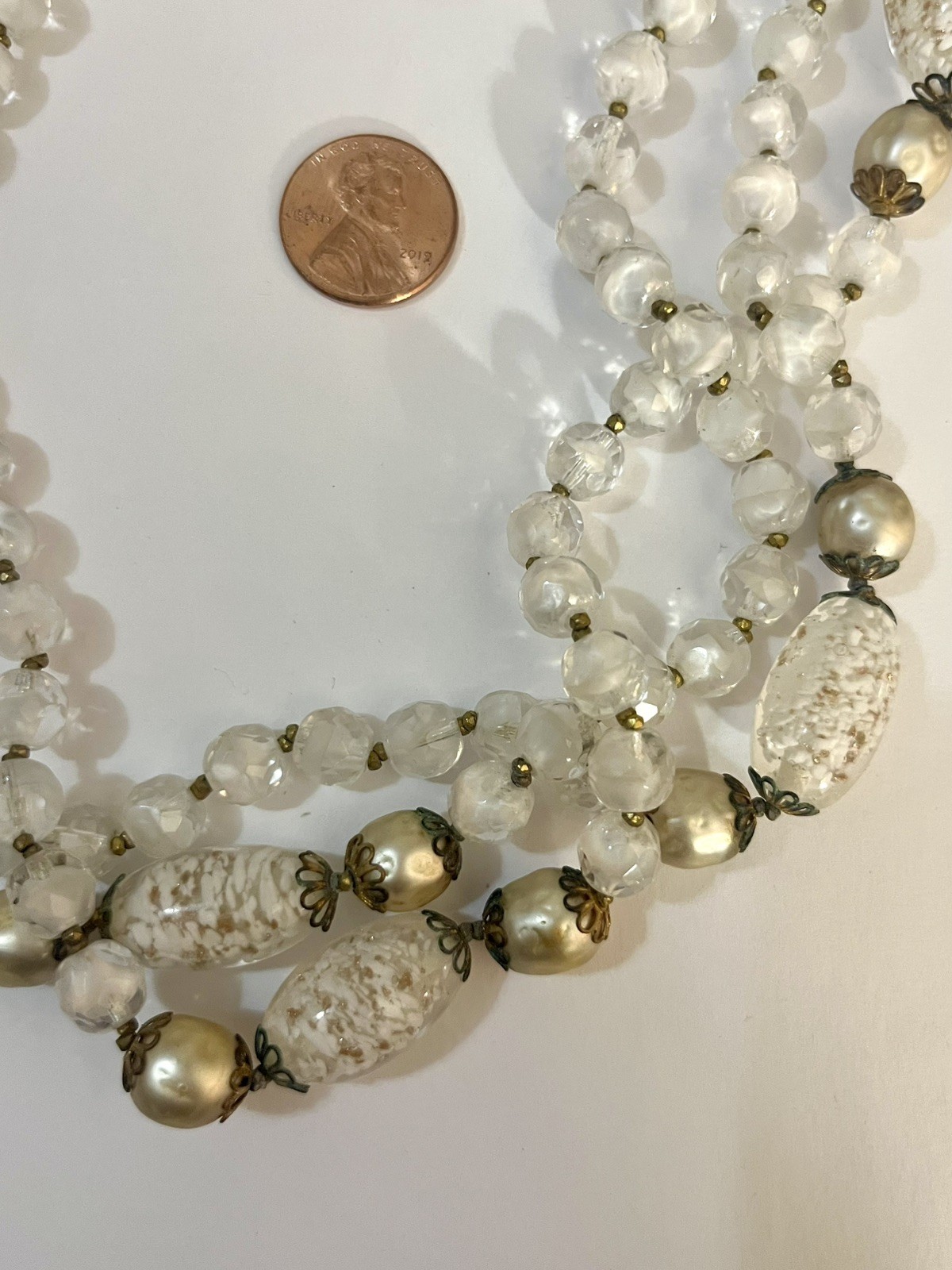 Vintage Foil Glass Necklace Murano Multistrand White Beaded Estate Jewelry Rare