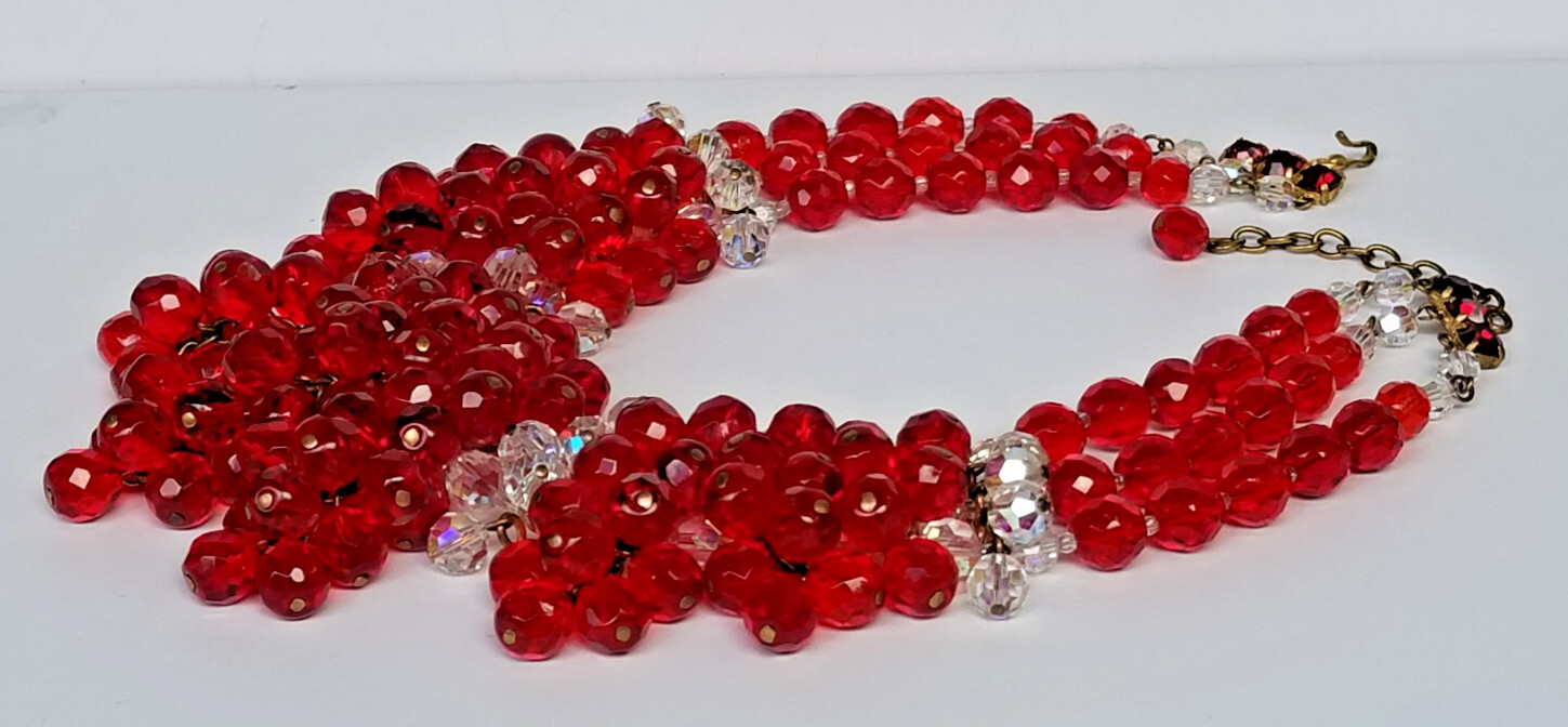 Vintage Signed France AB Bead & Red Glass Cluster Bead Necklace