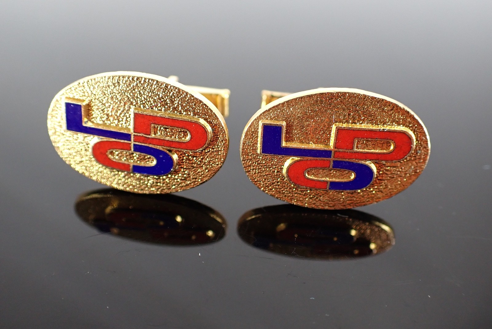 Vintage Gold Tone Red Blue Enamel LDO Initial Cufflinks Oval Textured Design