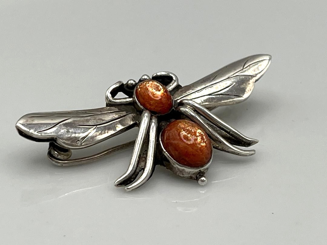 Vintage 925 Sterling Silver Orange Sunstone Fly Bug Insect Brooch Pin Figural 3D