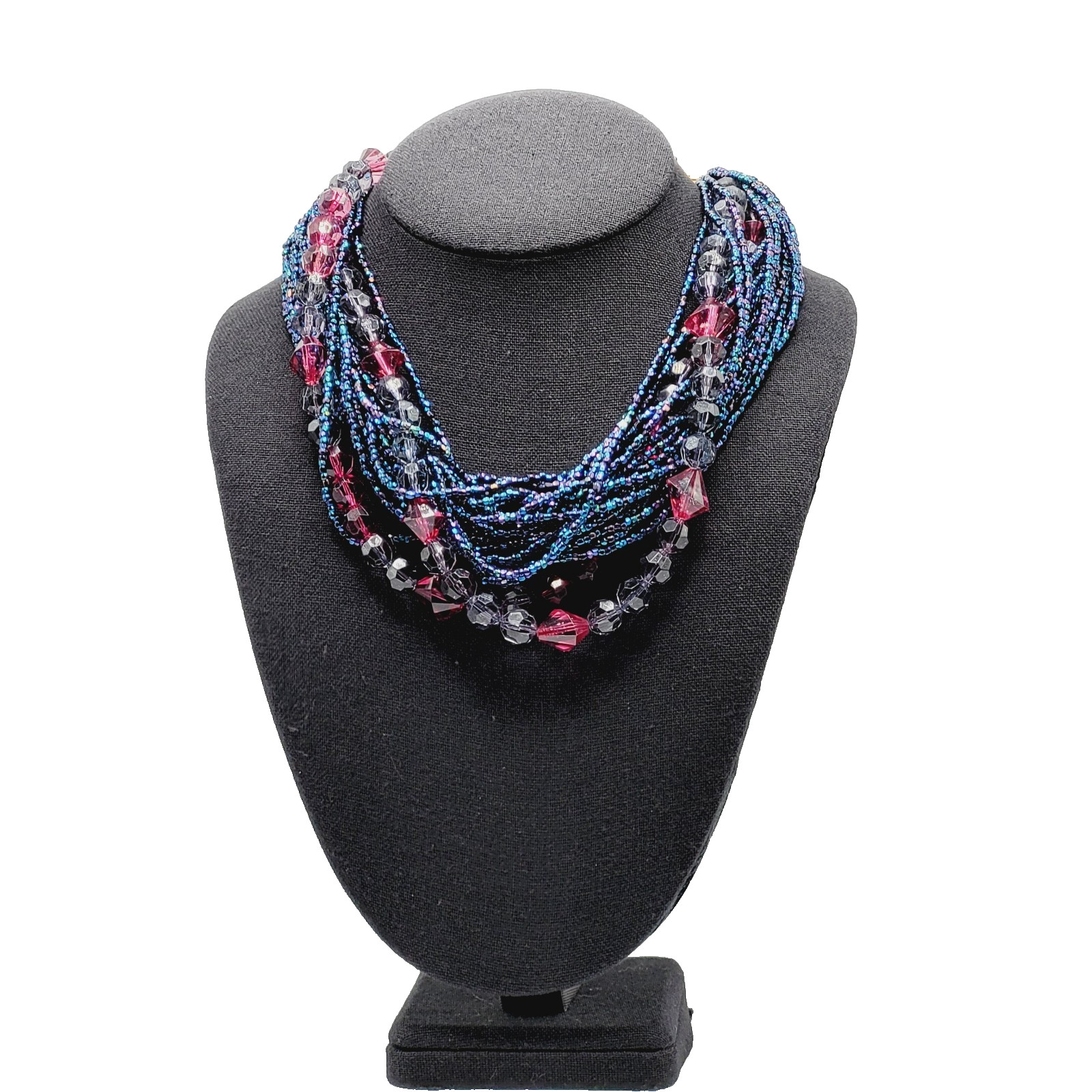Purple and Deep Blue Iridescent Twist Multi Strand Glass Beaded Vintage Necklace