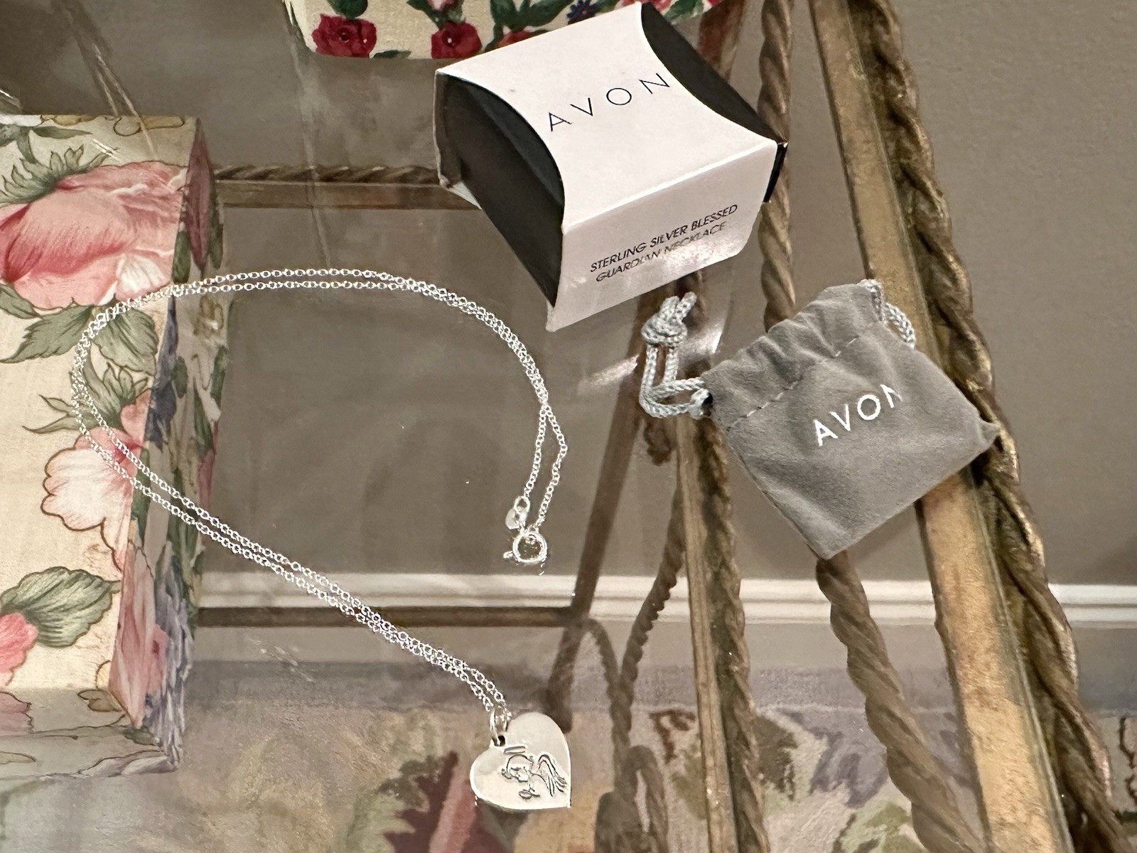 Vintage NIB Avon 925 Sterling Silver Blessed Guardian Heart Necklace 18” RJ