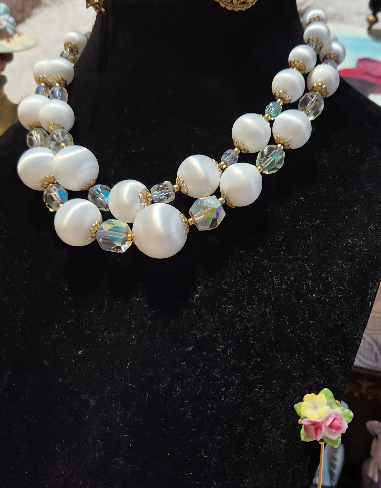 Vintage classic mid-century double-strand necklace acrylic and AB glass Japan