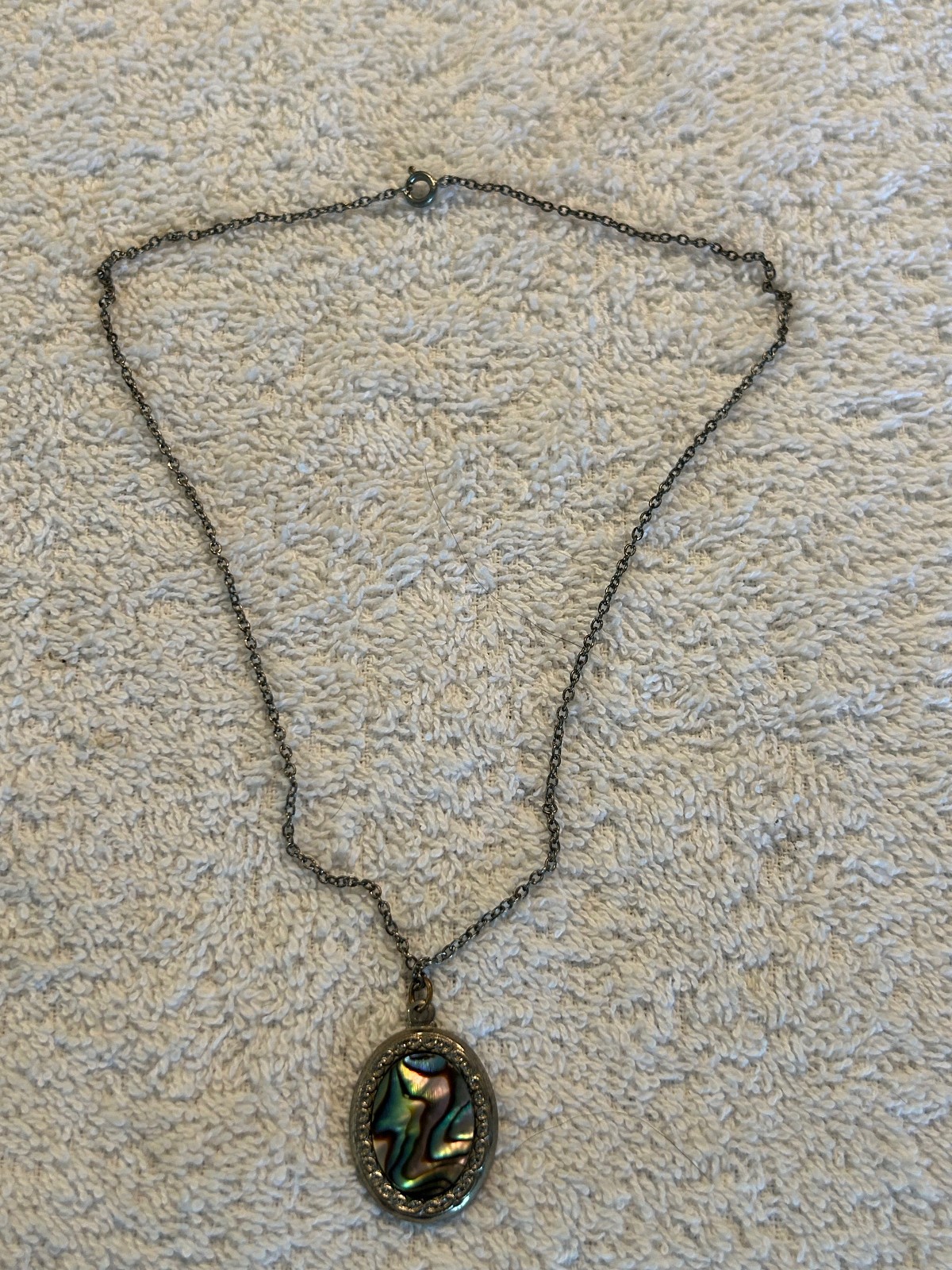 Vintage Butterfly and Oval necklace pair, Abalone Inlaid, Silver Tone, 16″