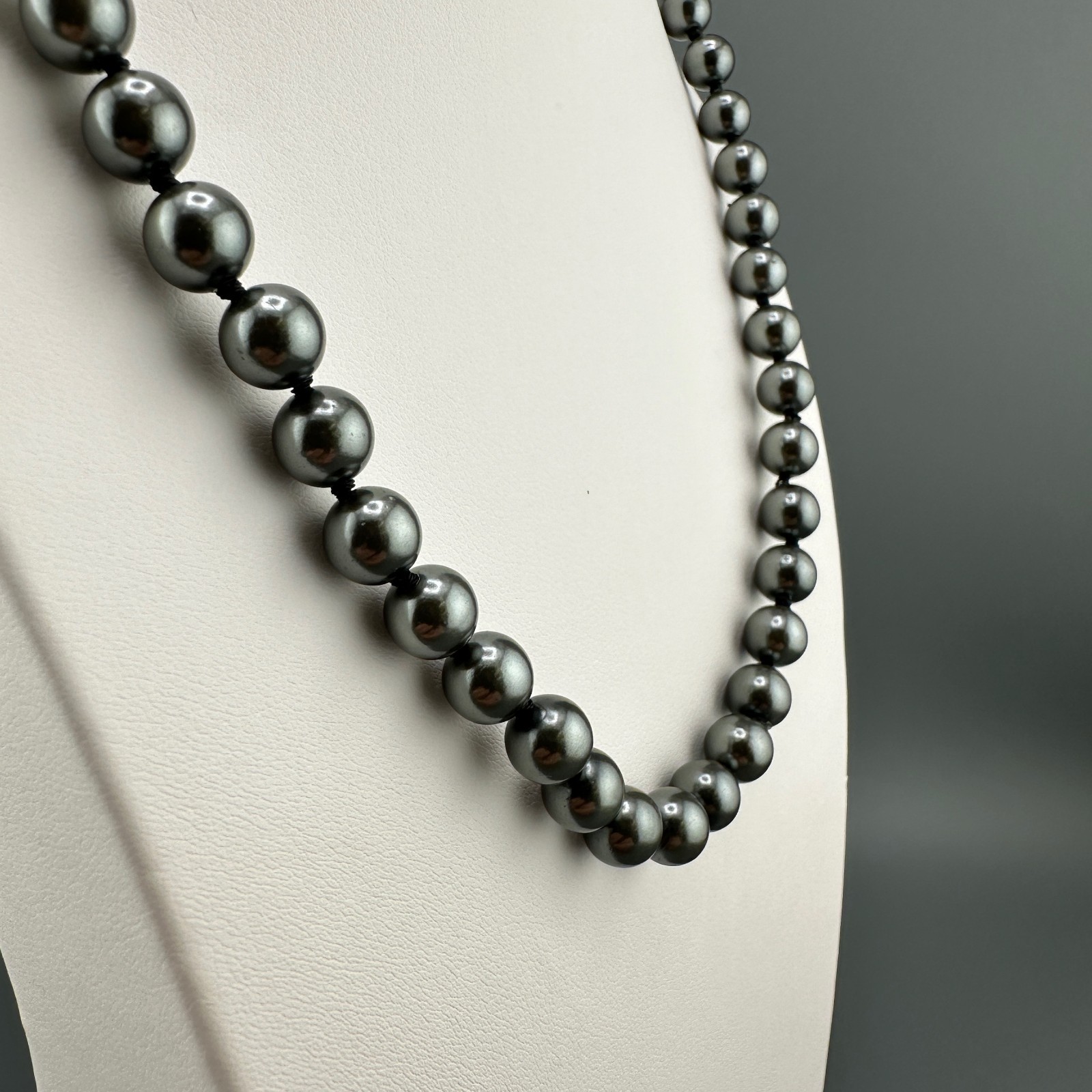 Vintage Glass Pearl Necklace Hand Knotted Charcoal Gray Gold Tone Filigree Clasp
