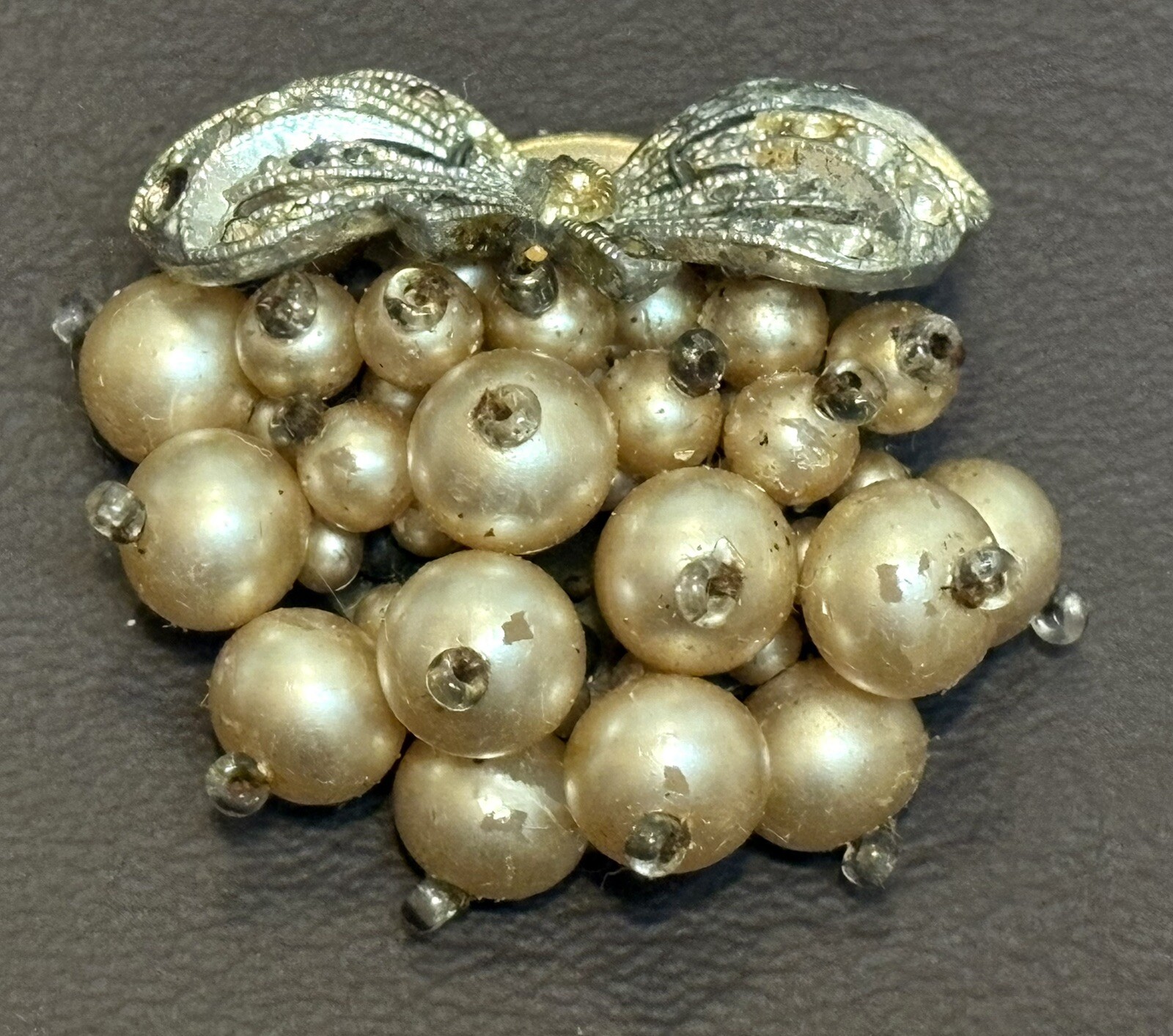 VTG Early Unsigned Haskell Dress Clip Bow Faux Pearl Rhinestone Silver Tone READ