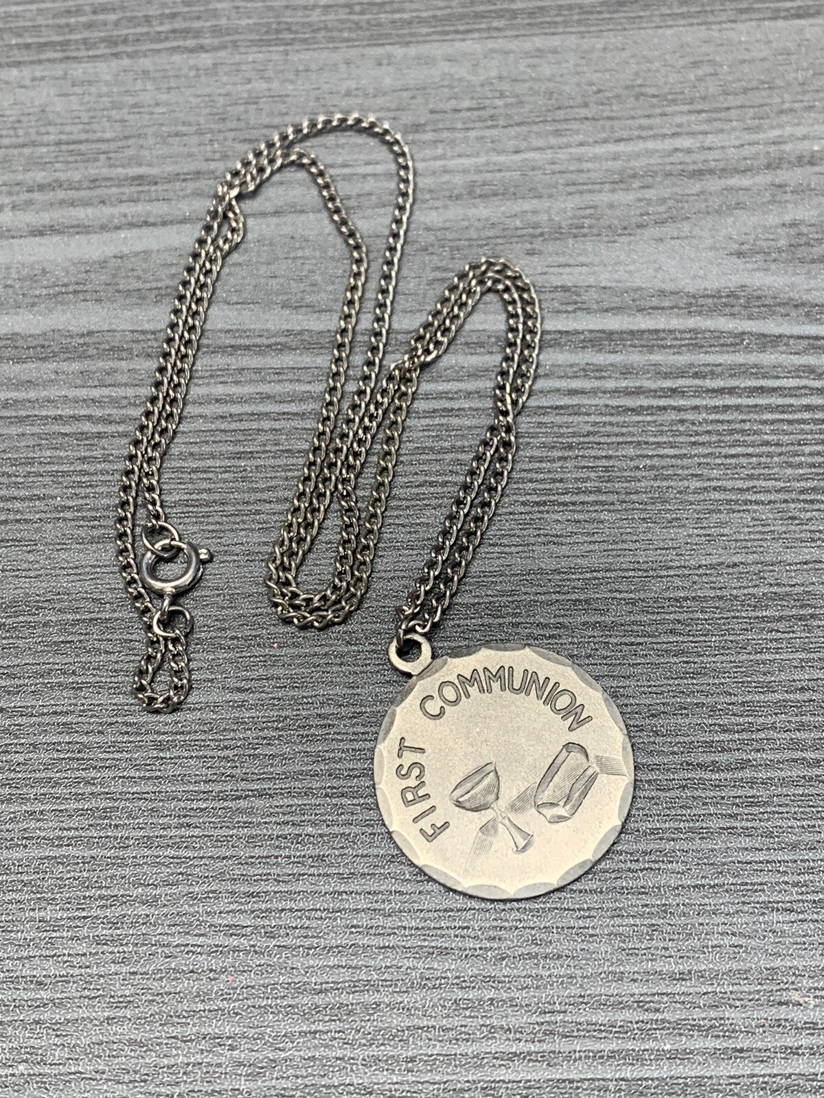 Vintage Pewter BDA First Holy Communion Hand Engraved Pendant Necklace 18”