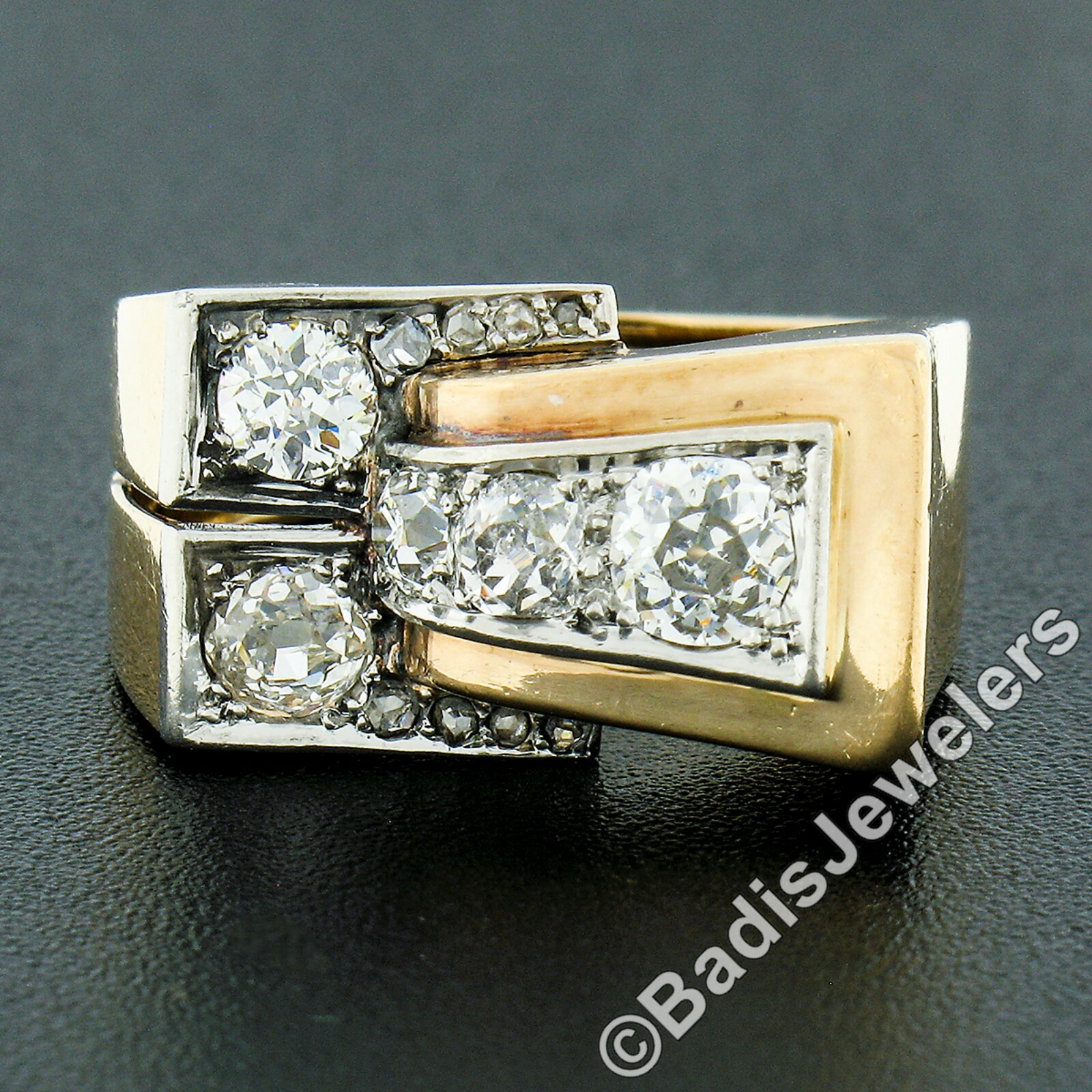 Unisex Antique Victorian 18k Gold & Platinum 1.24ctw Old Cut Diamond Buckle Ring
