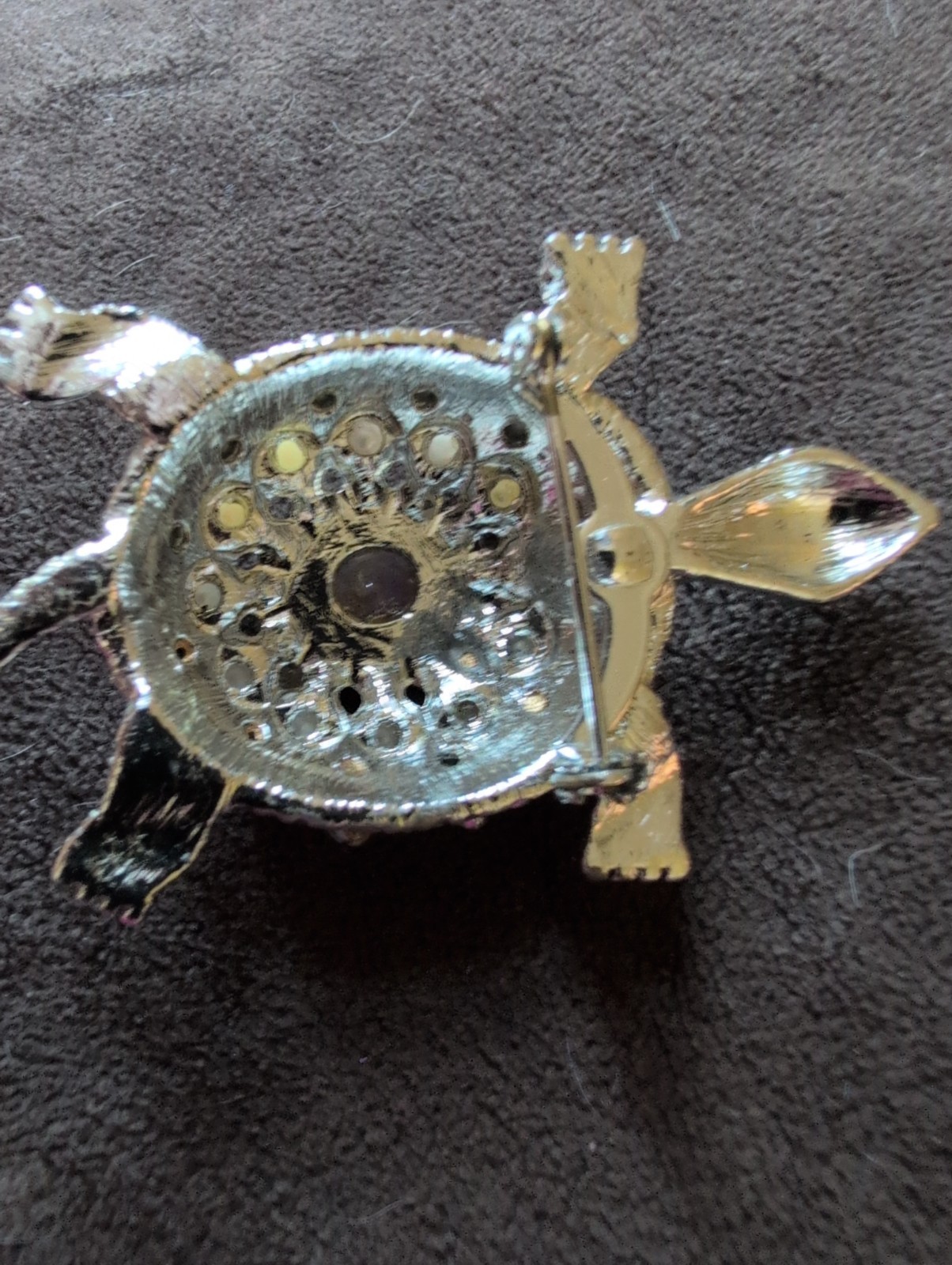 Vintage Turtle Brooch Pin Silver Tone 2.25″ Rhinestone , Pearl, AB