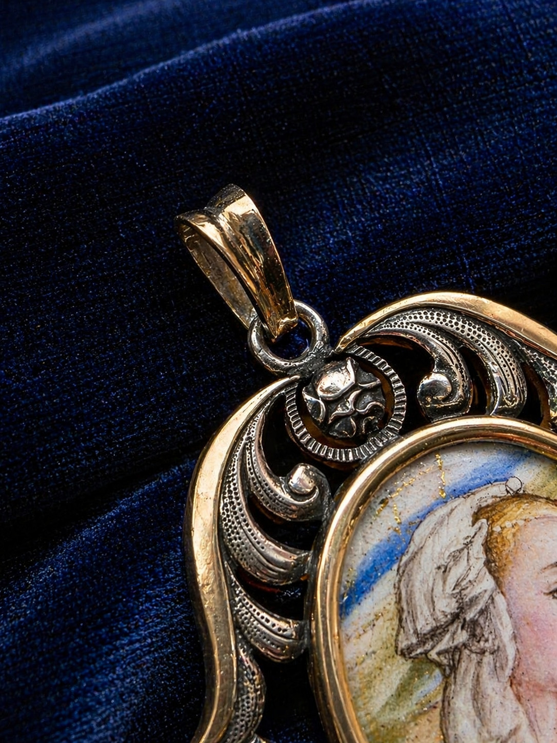 Antique Art Nouveau Silver & 18K Gold Enamel Virgin Pendant Hand Painted Medal