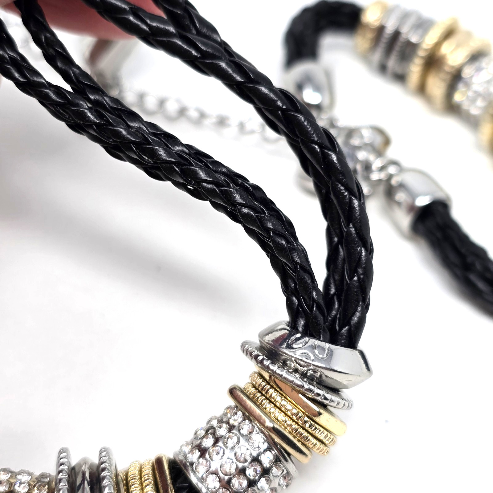 CHICO’S Silvertone Rhinestones 5 Leather Strands Set 22″ Necklace Bracelet