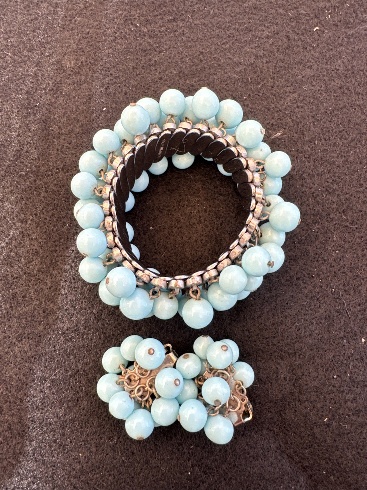 Vintage 1960s Cha-Cha Green Blue Expansion Bracelet And Clip-on Earrings Set