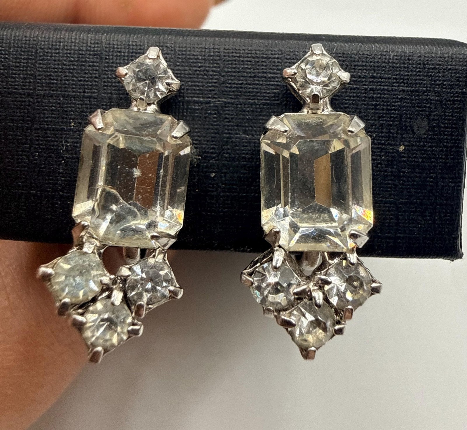 Vintage screw back emerald cut and round clear rhinestone stud earrings