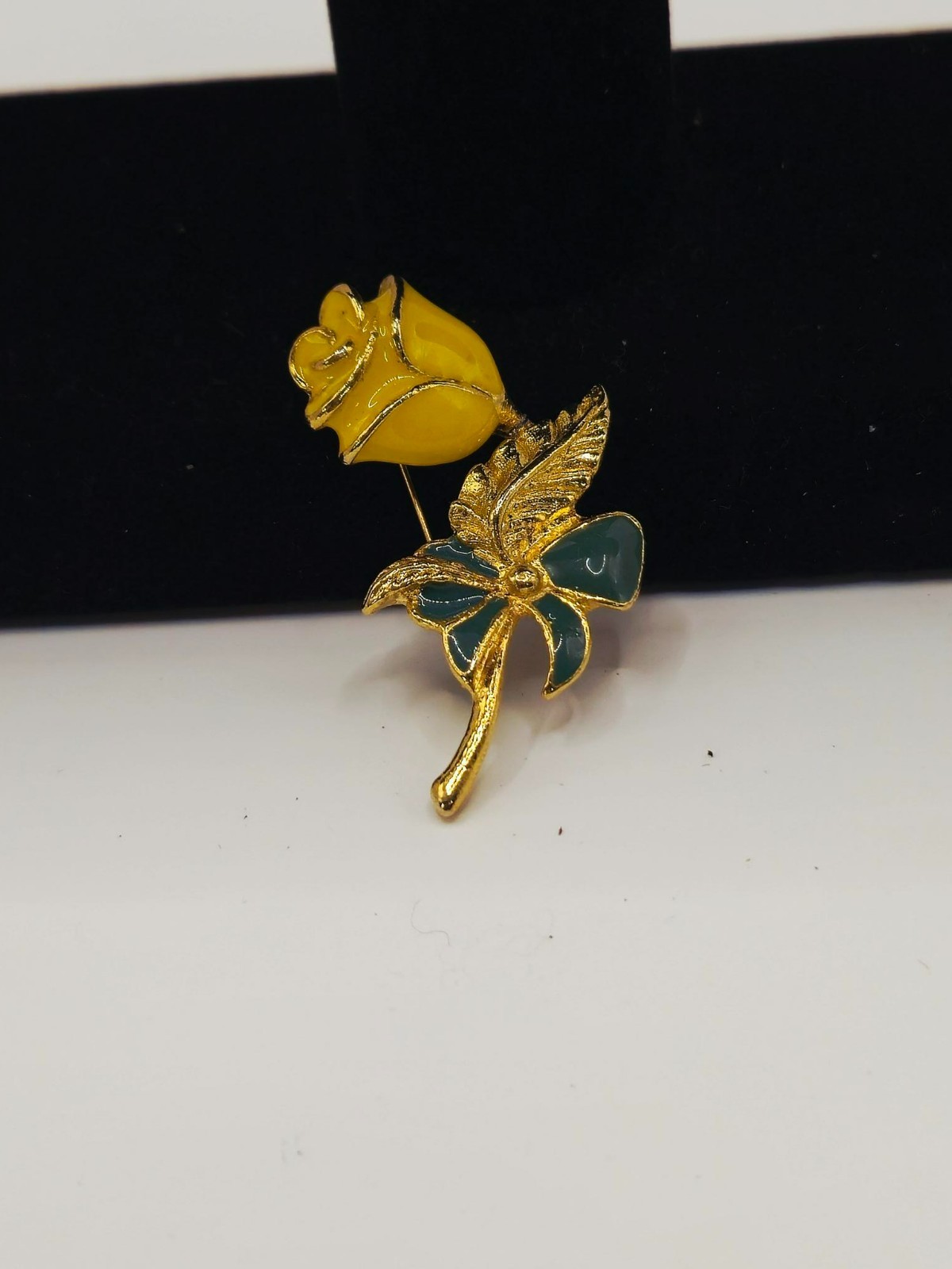 Vintage Gold Tone Yellow Rose Brooch Pin with Green Enamel Leaves