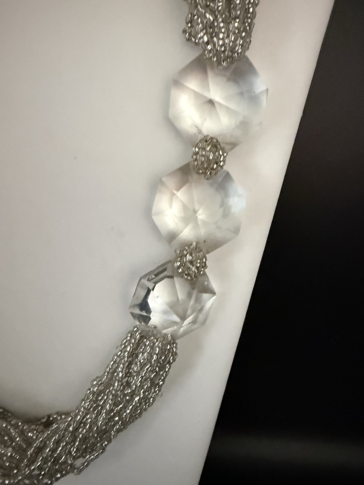 Vintage 25 Strand Silver Tone Clear Seed Bead & Faceted Crystal Necklace