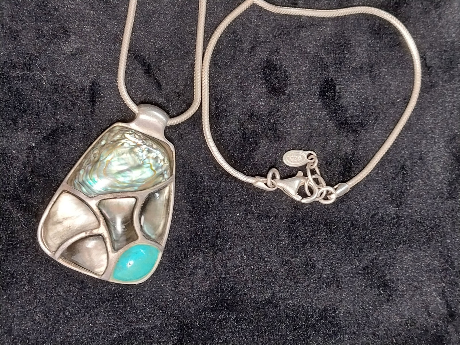 Vintage Abalone Shell Paua & Turquoise Abstract Cluster Pendant & Chain Necklace
