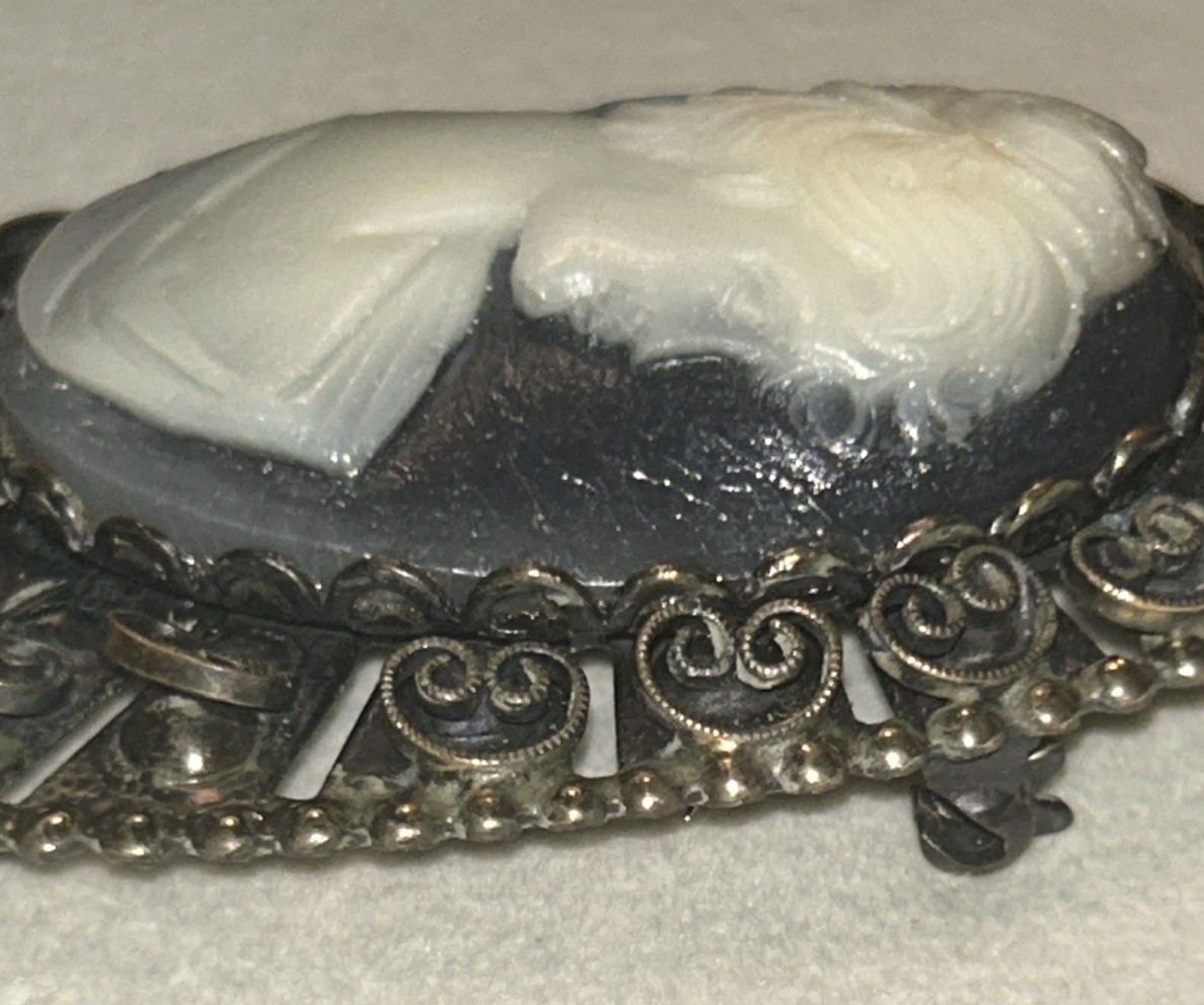 Vintage Cameo Brooch Black & White Lady Filigree Frame 2.75” Statement 1960 Gold