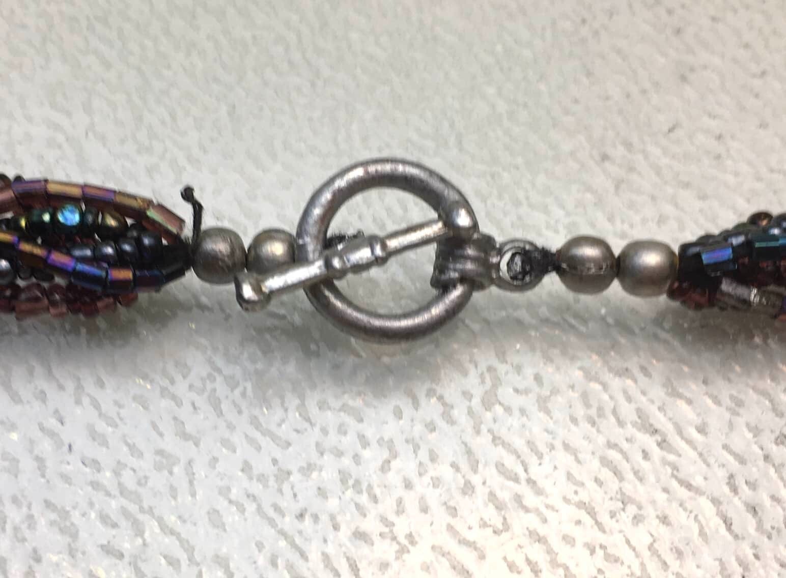 Purple Tassel Pendant Large Glass Beads Peacock Seed Beads Toggle Clasp 23“ Long