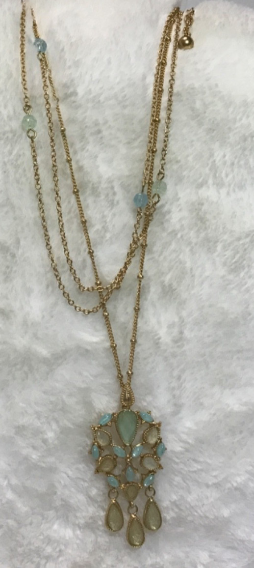 Mid-Century, Vintage Drop Dangle Tear Drop Ice Blue Gold Tone 3 Strand Necklace