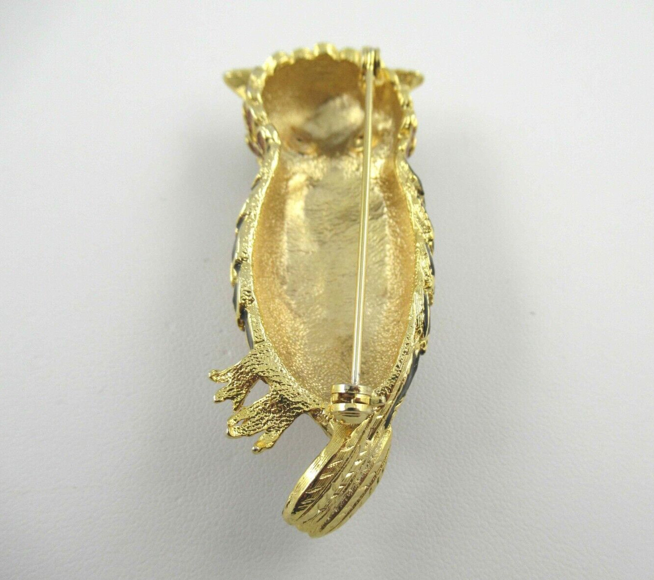 Vintage Owl Brooch Brown, Black Enamel and Gold Tone with Rhinestone Eyes