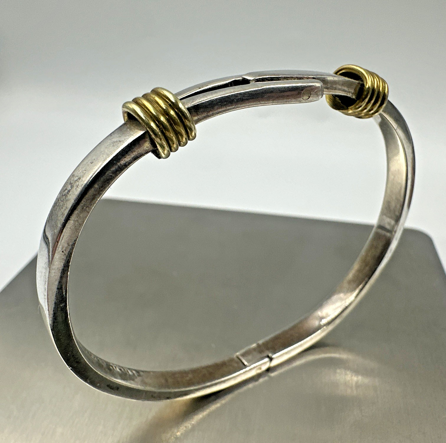 Vtg Taxco Sterling Silver Brass Accent Abstract Modernist Bangle Bracelet 24.3g
