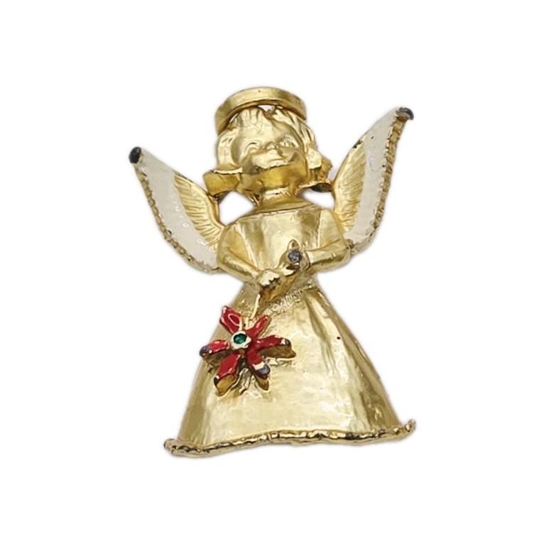 Angel Brooch Gold Tone Guardian Flower Pin with wings Victorian Vintage 1.75 in