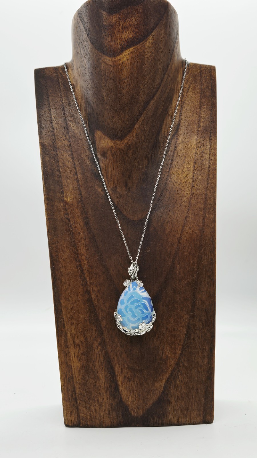 Opalite Pendant Necklace Filigree Stainless Steel Silver tone Vintage 17.5 in