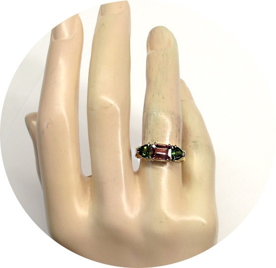 Stunning – Pink & Green Trillion Cut TOURMALINE Ring – Vintage 14k Yellow Gold..