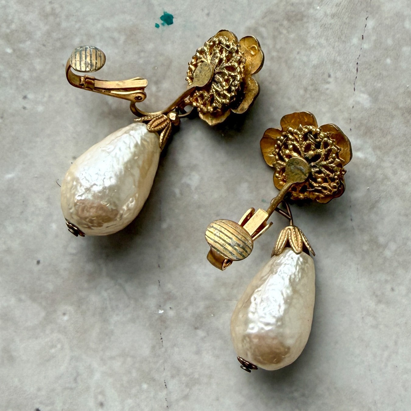 Vtg Signed Miriam Haskell Flower Pearl Drop Earrings Brass Clip Ons