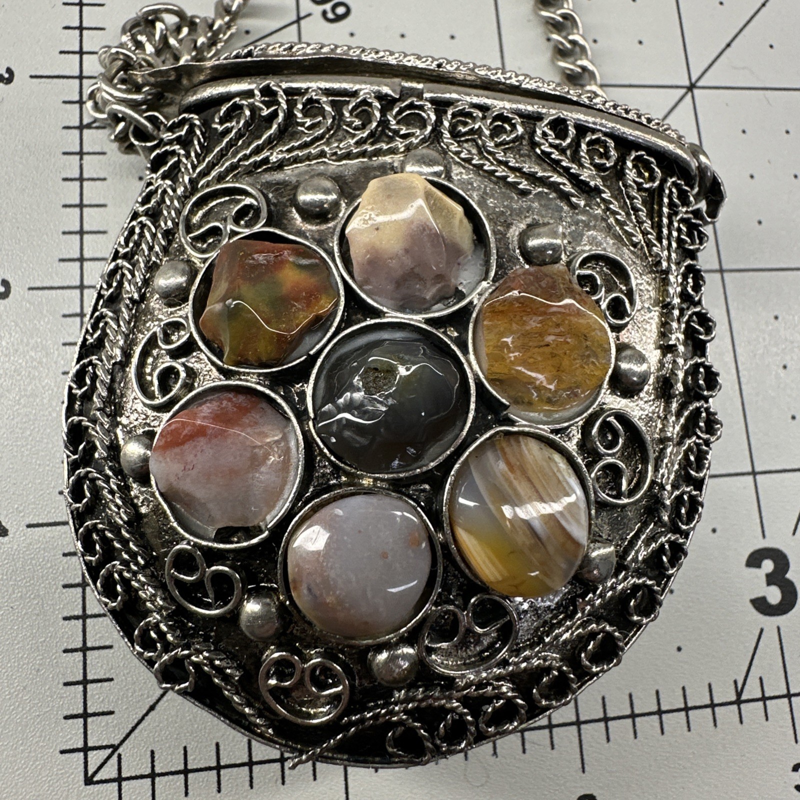 Vintage Small Silver-tone Sajai Metal Purse Necklace Agate Gemstones Tether Lid