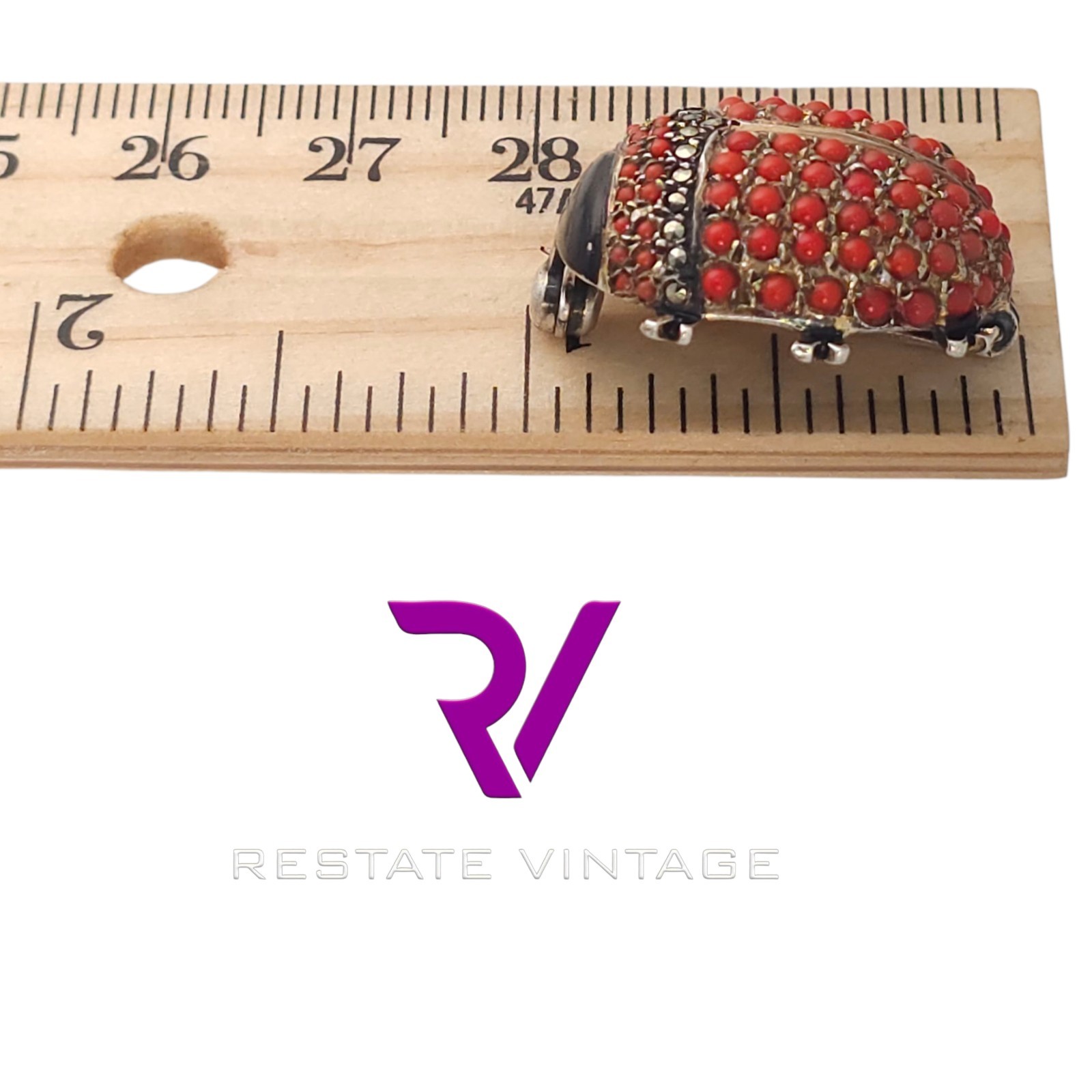 Vintage Germany US Zone Sterling Seed Coral Marcasite Ladybug Brooch