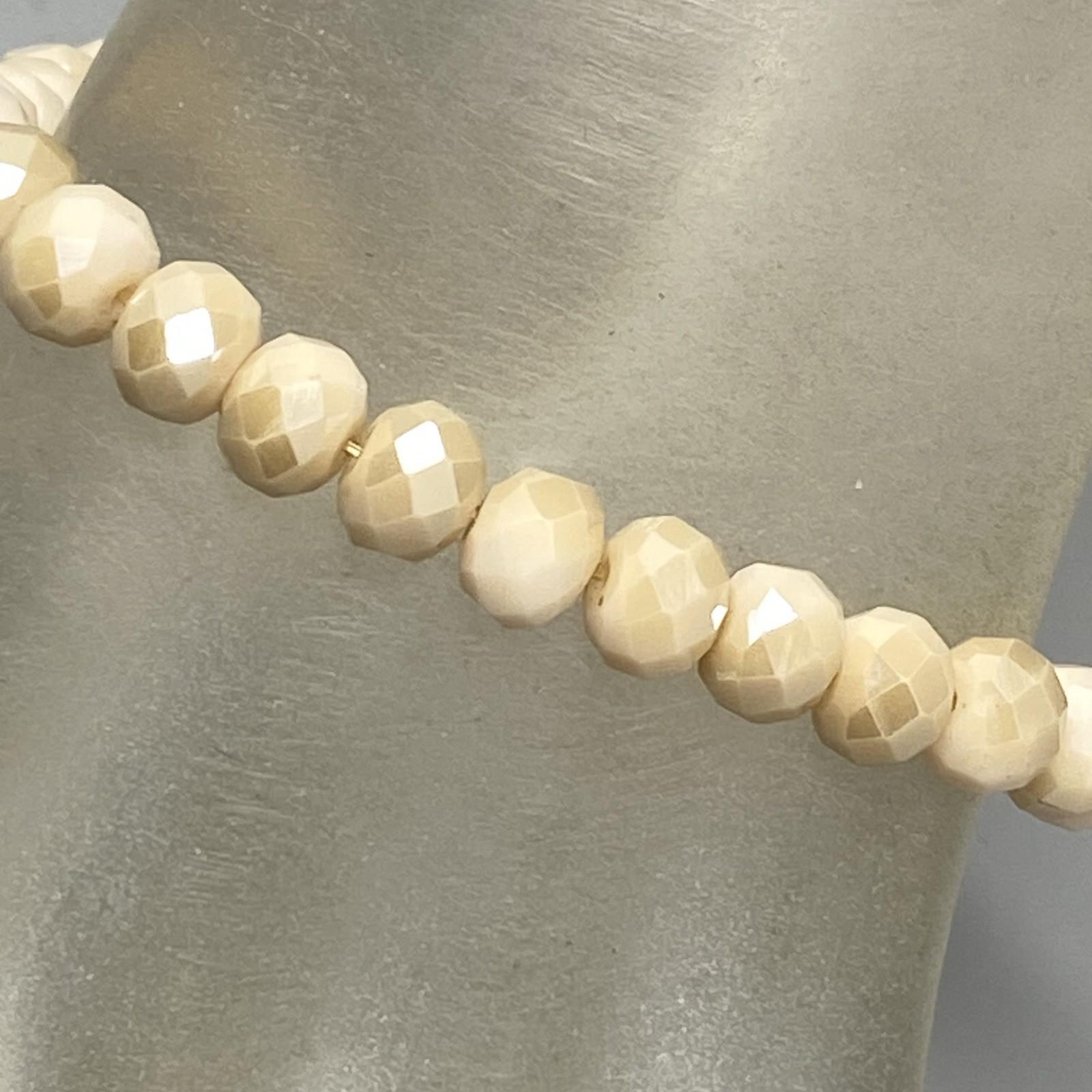 Stone Glass Bead Bracelet Cream Marble Gemstone Fire Polished Faceted Stretch 7″