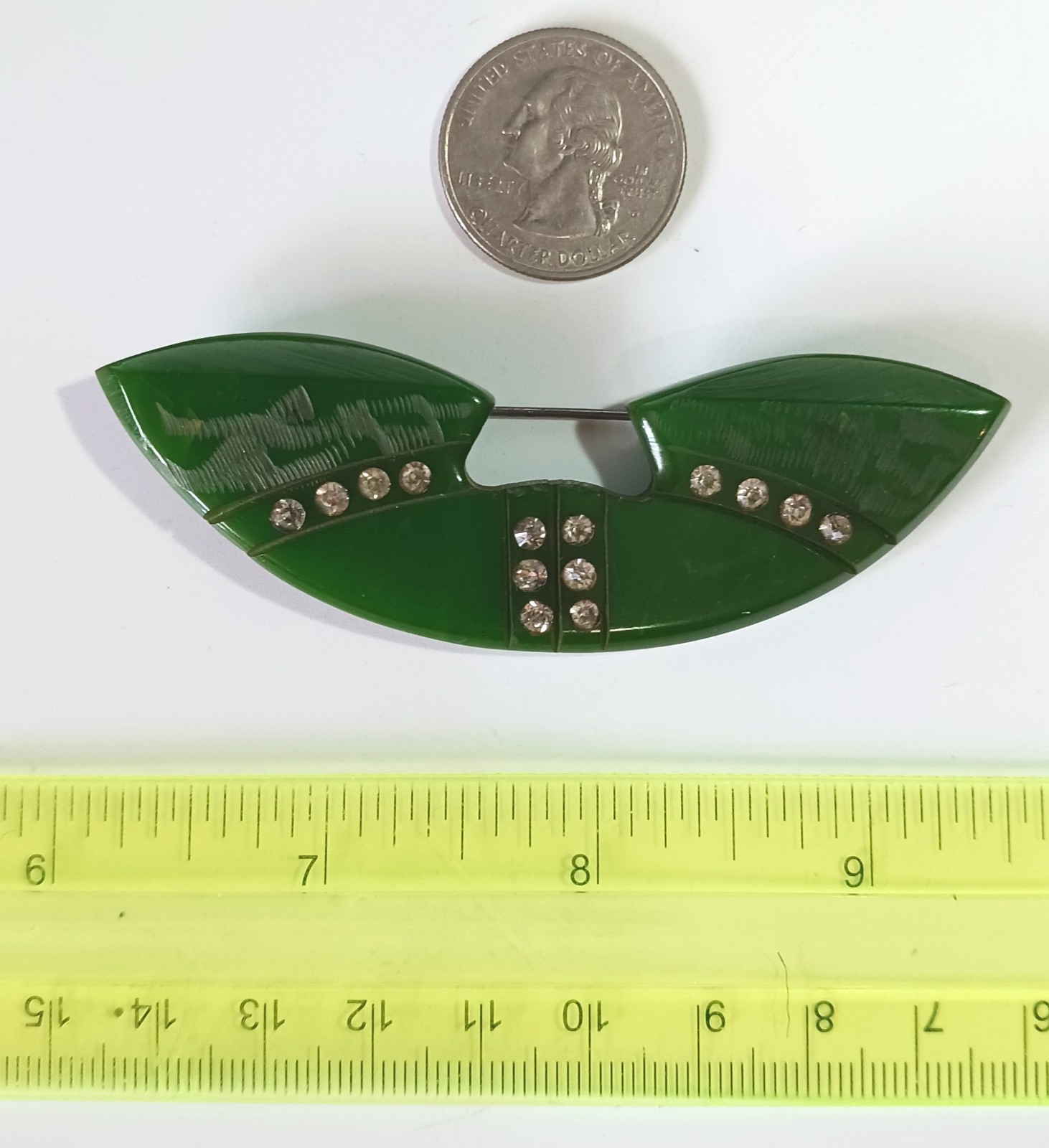 Vintage Art Deco Dark Green Bakelite Brooch w/ White Rhinestone Lines