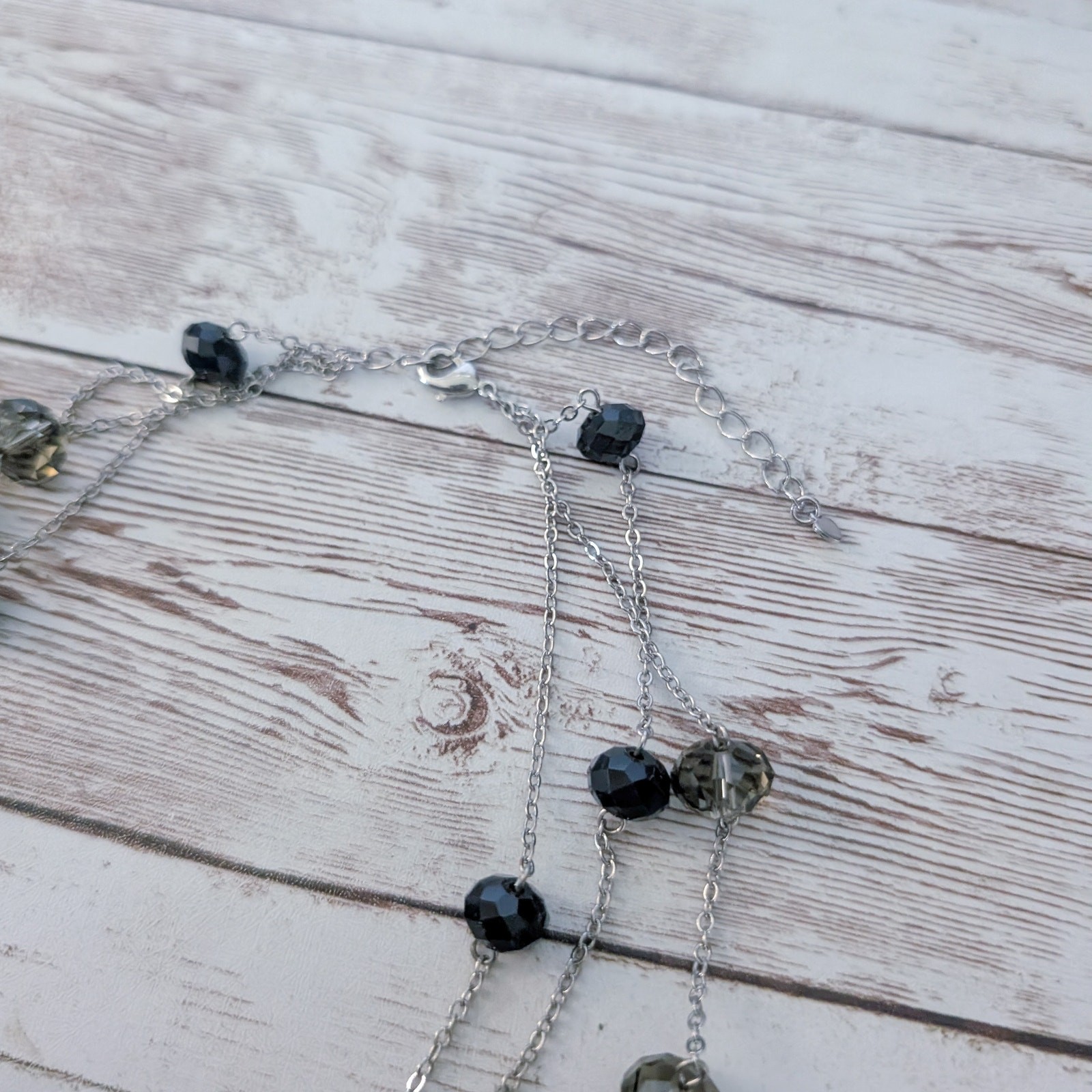 Vintage Necklace Layered Silver Tone with Black & Grey Beads